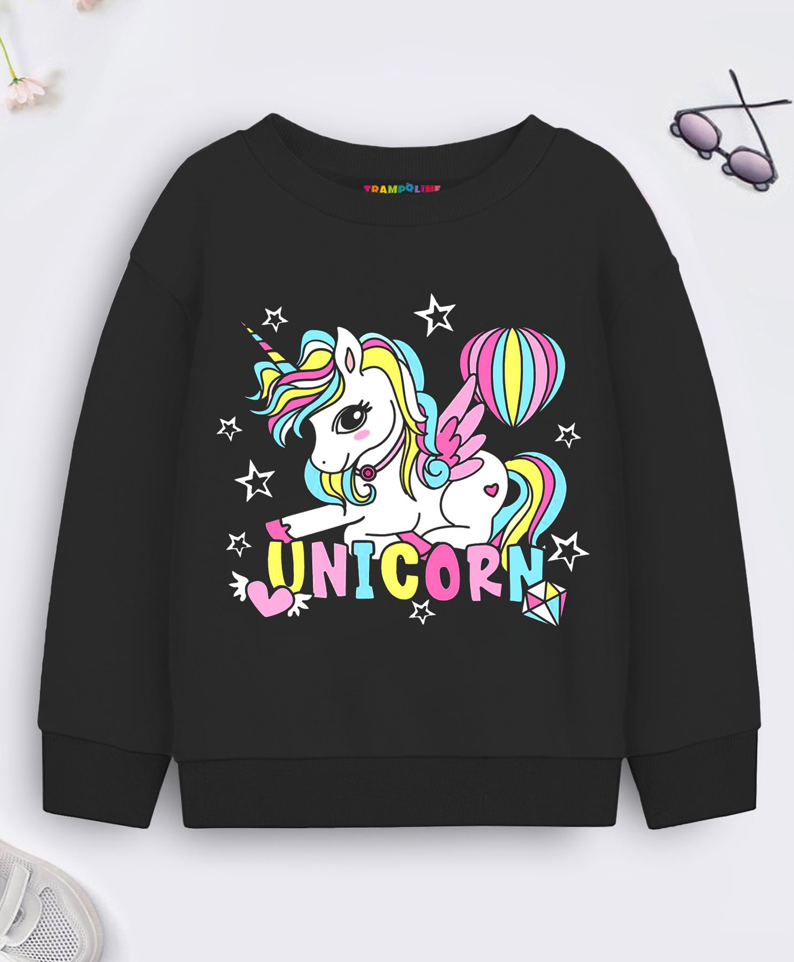 Trampoline Fleece Knit Full Sleeves Unicorn Printed Light Winter Sweatshirt - Black-picture-28