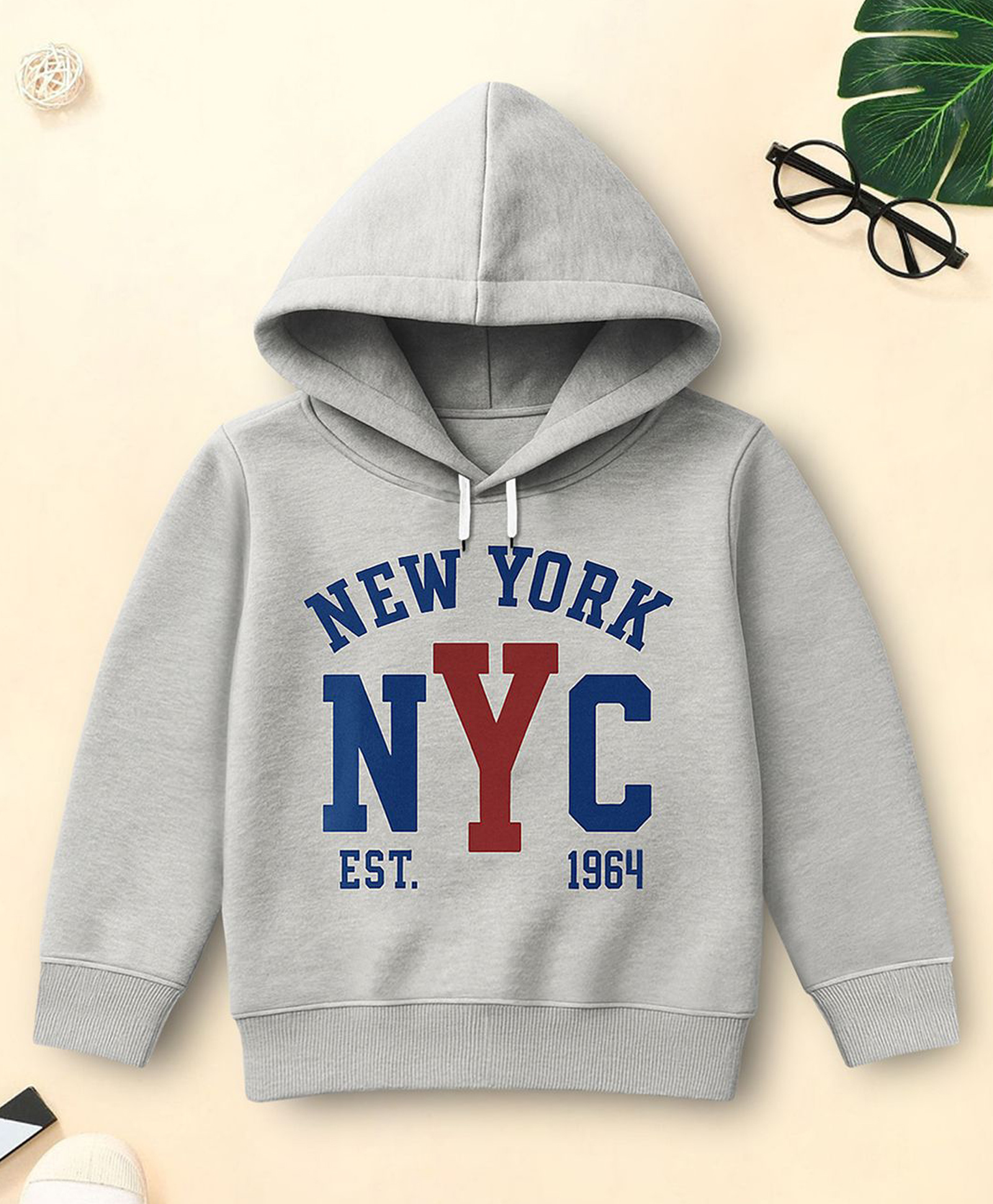 Trampoline Fleece Knit Full Sleeves New York Text Printed Hooded Winter Sweatshirt - Grey-picture-15