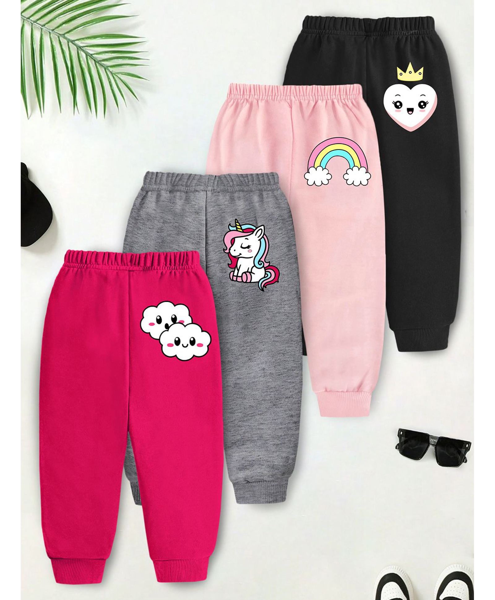 Trampoline Fleece Knit Pack Of 4 Unicorn Clouds & Rainbow Printed Pajamas - Multi Colour