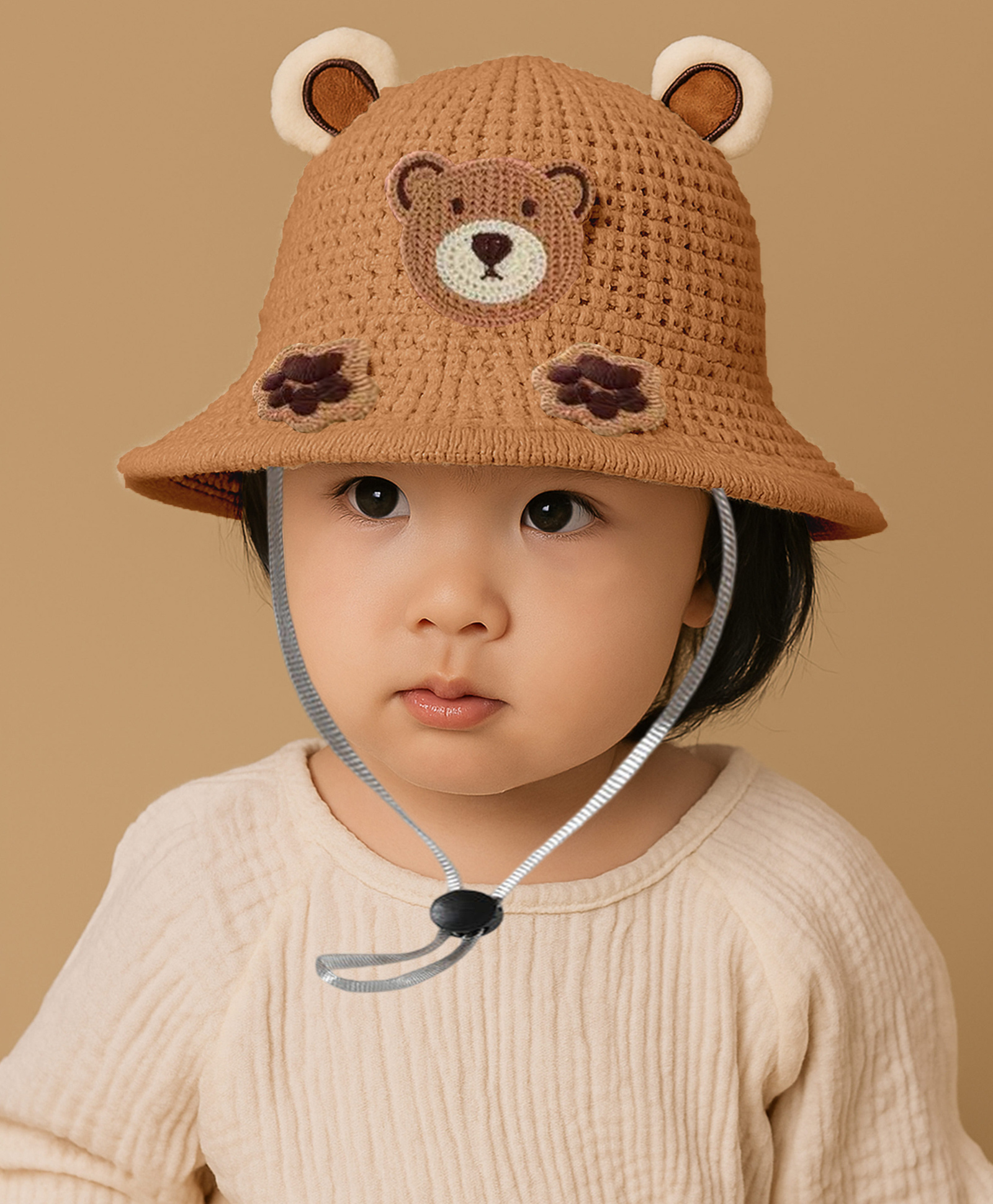 Bembika Bear Face Patch & Ear Applique Detailed Crochet Sun Hat - Khaki - Circumfrence 54 Cms-image-19