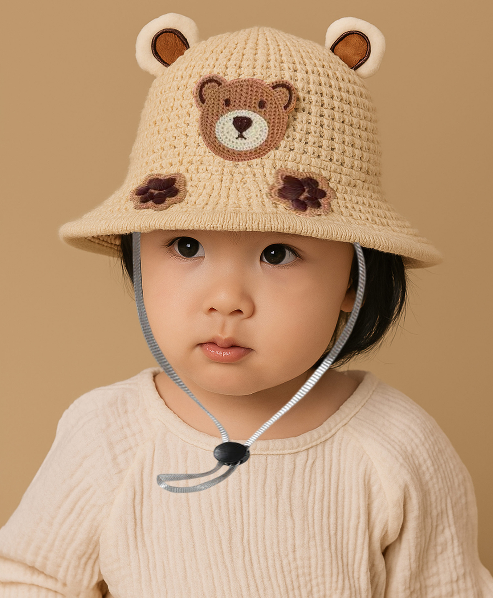 Bembika Crochet Sun Hat with Bear Face Patch & Ear Applique Detailed - Beige - Circumfrence 54 Cms-picture-9
