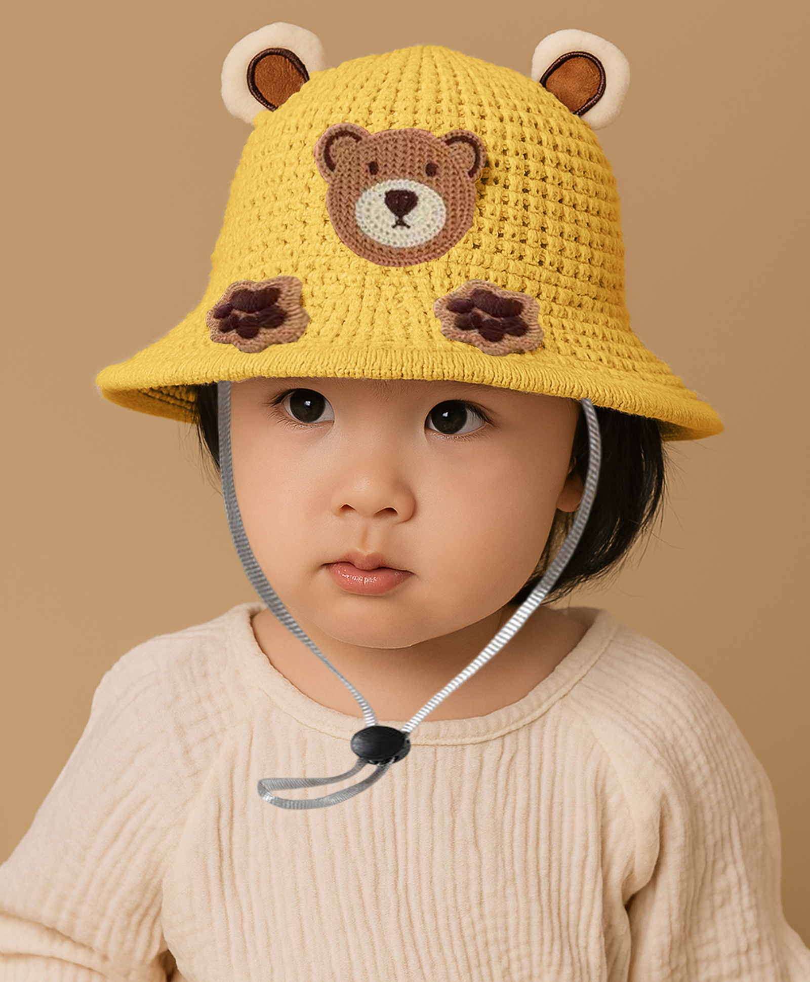Bembika Crochet Sun Hat with Bear Face Patch & Ear Applique Detailed - Yellow - Circumfrence 54 Cms-picture-8