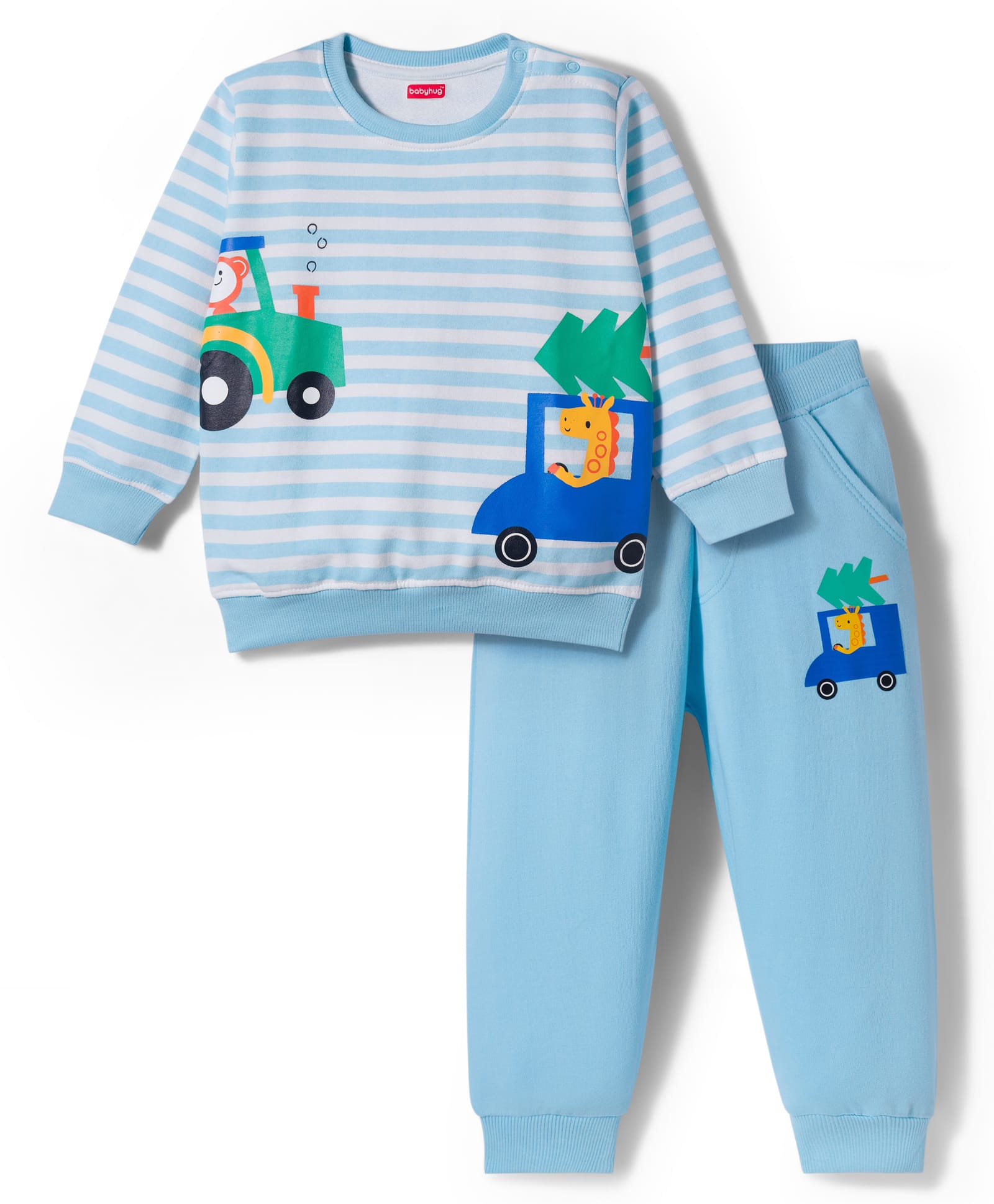 Babyhug Single Jersey Knit Full Sleeves T-Shirt & Lounge Pant Set with Animal Print & Stripes - Light Blue-picture-32