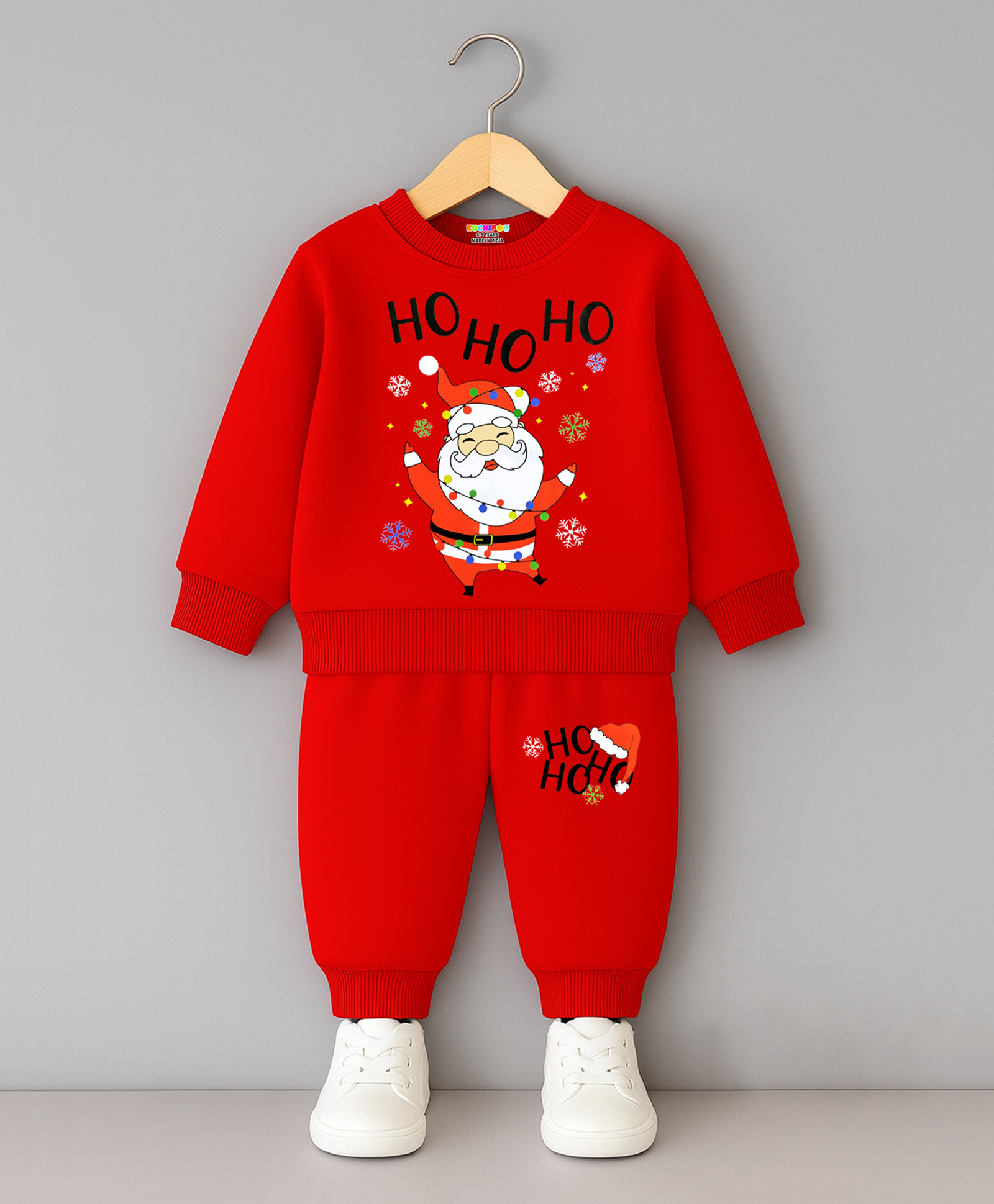 KUCHIPOO Knit Christmas Theme Full Sleeves Santa Claus Printed Light Winter Sweatshirt & Joggers Set - Red-image-45