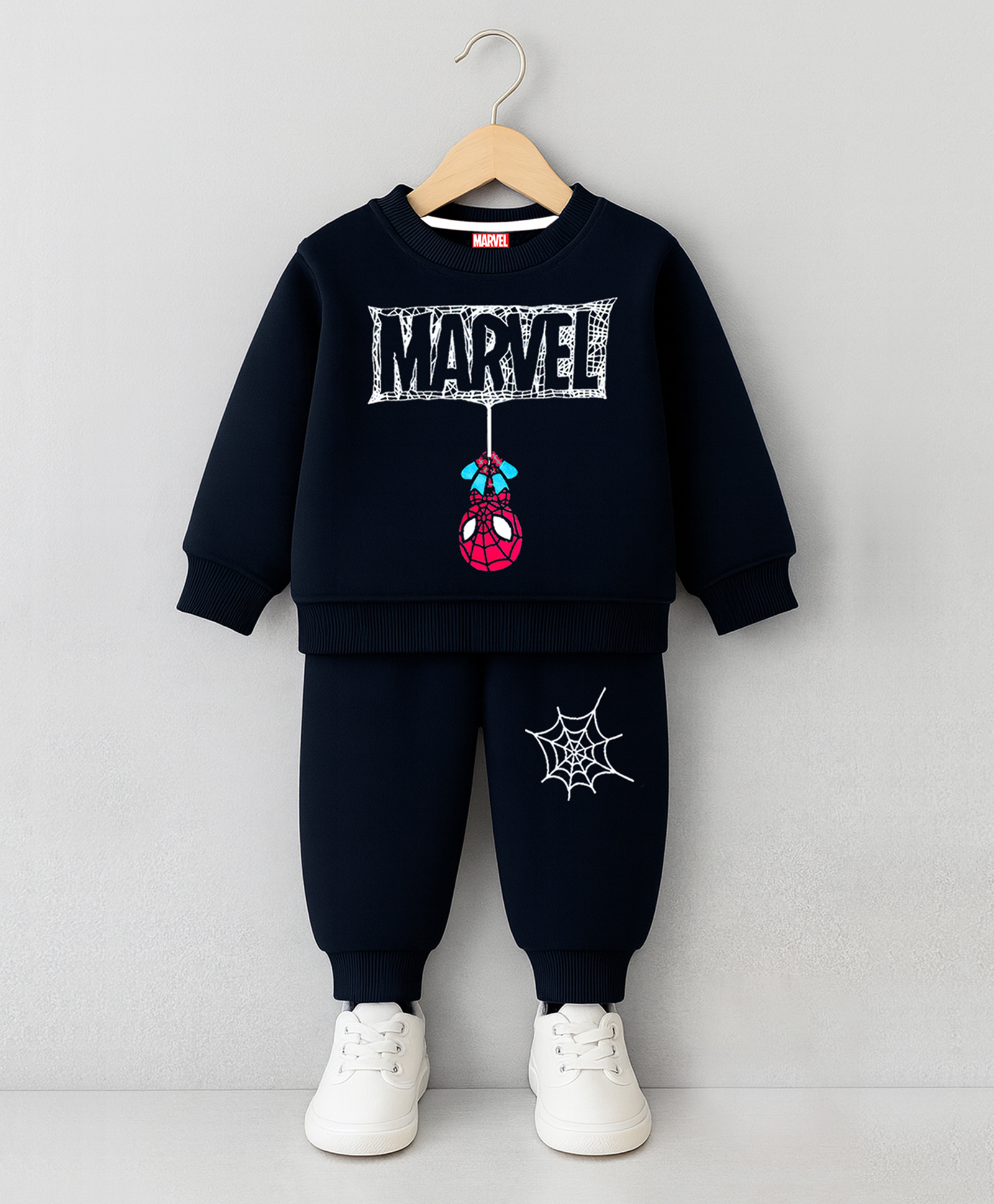 KUCHIPOO Knit Marvel Featuring Full Sleeves Spiderman Printed Light Winter Sweatshirt & Joggers Set - Dark Blue