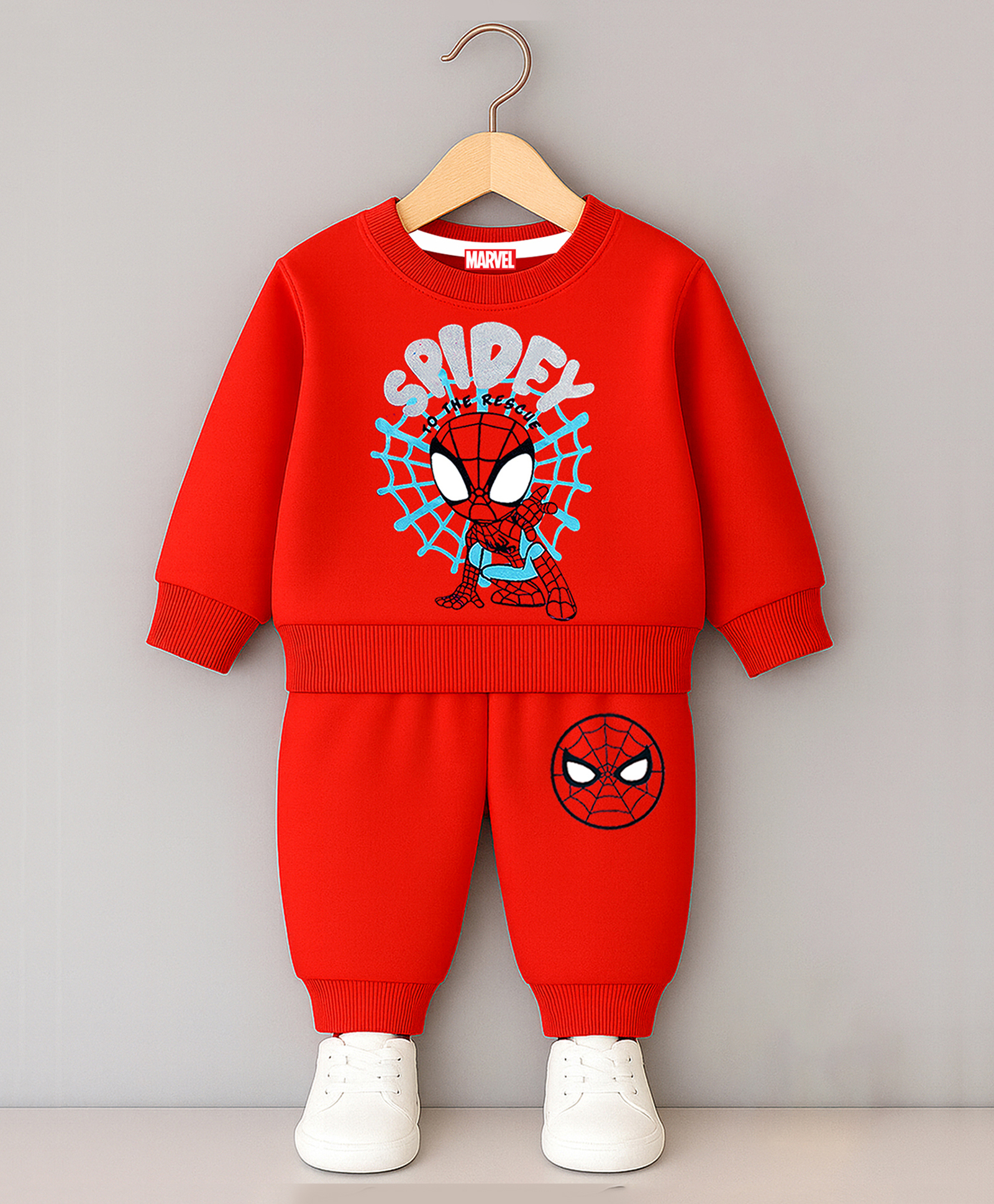 KUCHIPOO Knit Marvel Featuring Full Sleeves Spiderman Printed Light Winter Sweatshirt & Joggers Set - Red