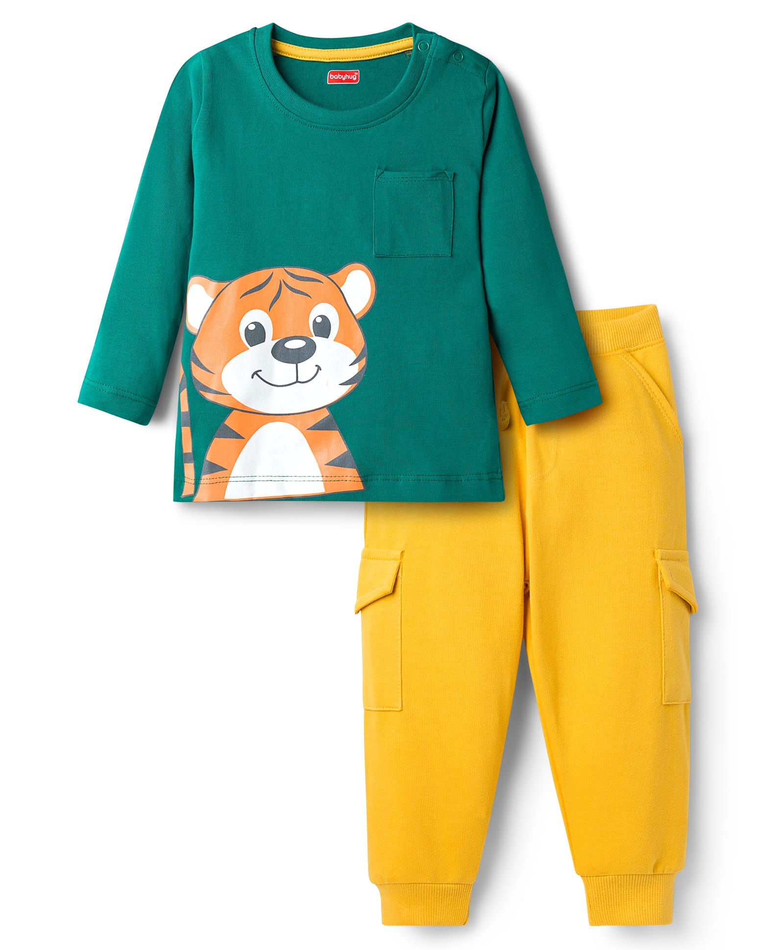 Babyhug Single Jersey Knit Full Sleeves T-Shirt & Lounge Pant Set with Tiger Graphic - Yellow & Green-picture-16