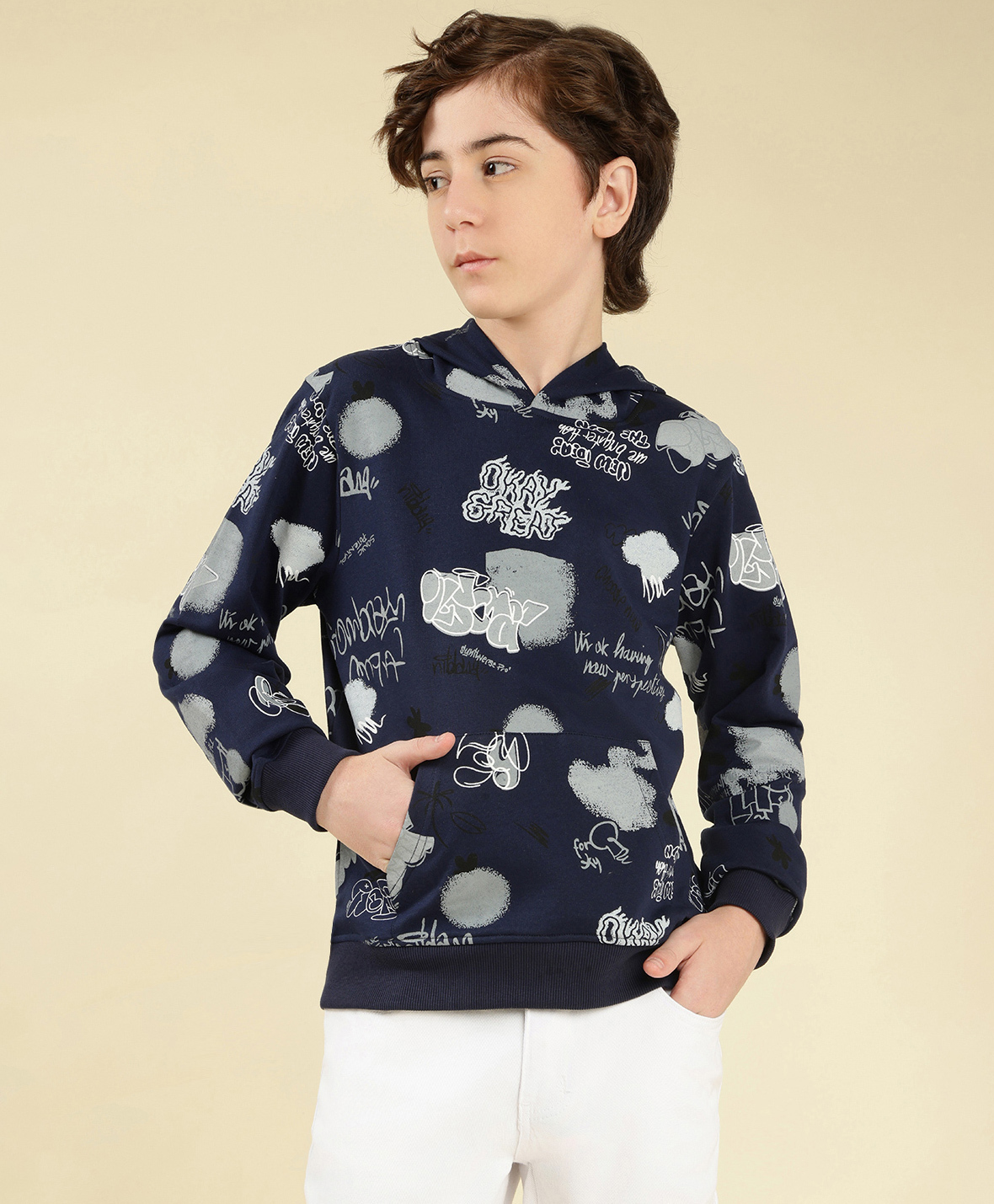 Lil Tomatoes Cotton Looper Knit Full Sleeves Typography Printed Light Winter Hooded Sweatshirt - Navy Blue-picture-11