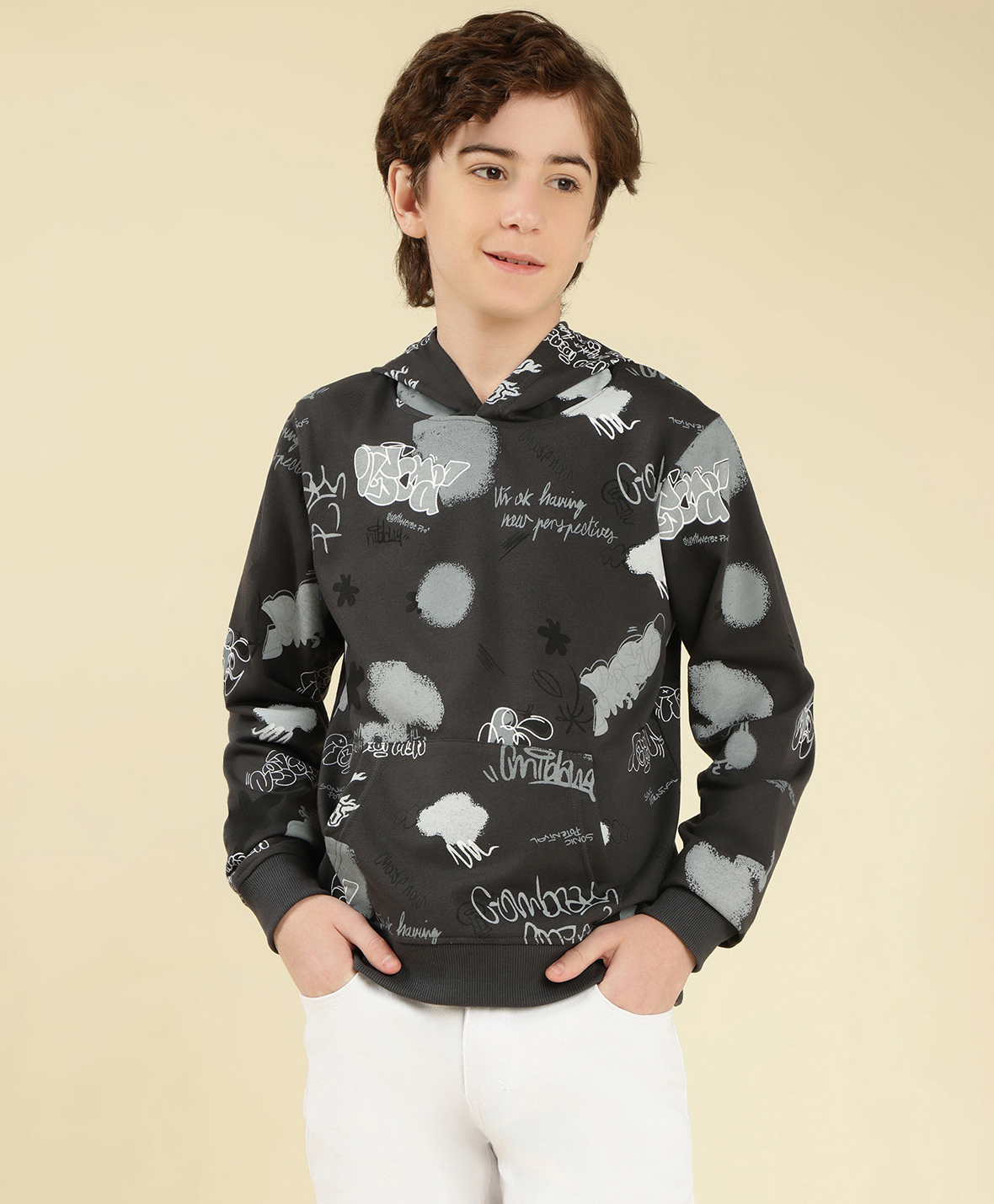 Lil Tomatoes Cotton Looper Knit Full Sleeves Typography Printed Light Winter Hooded Sweatshirt - Charcoal Grey-picture-28
