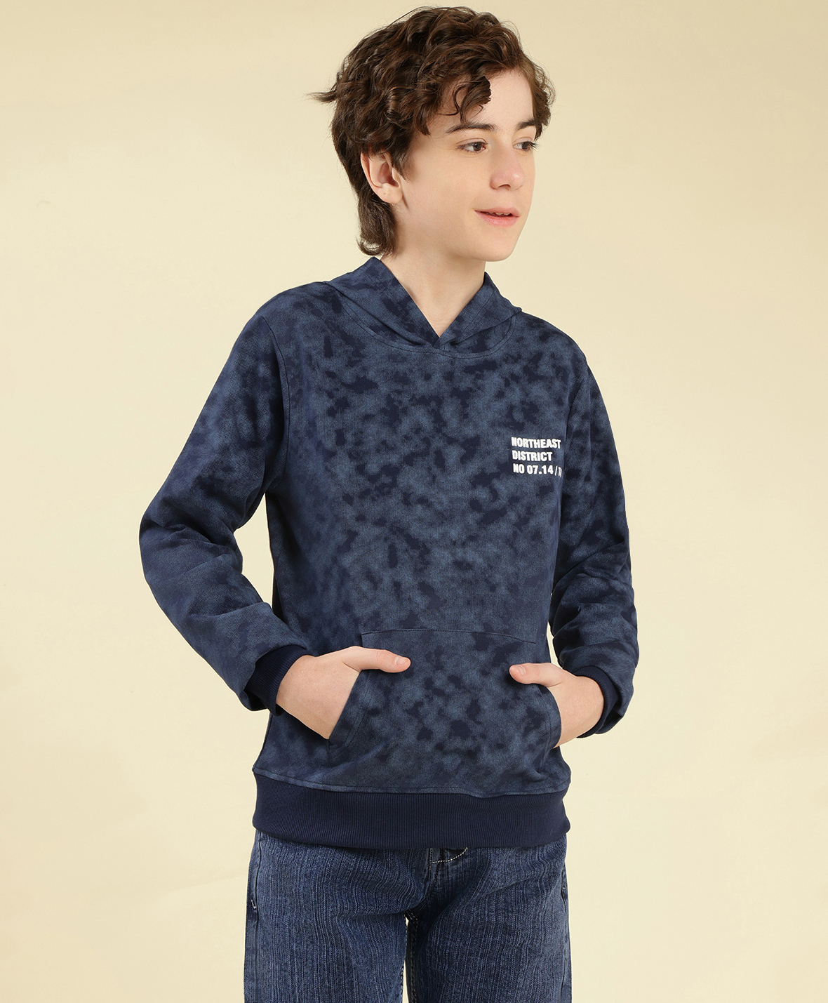 Lil Tomatoes Cotton Looper Knit Full Sleeves Typography Printed Light Winter Hooded Tie Dye Sweatshirt - Navy Blue-picture-20