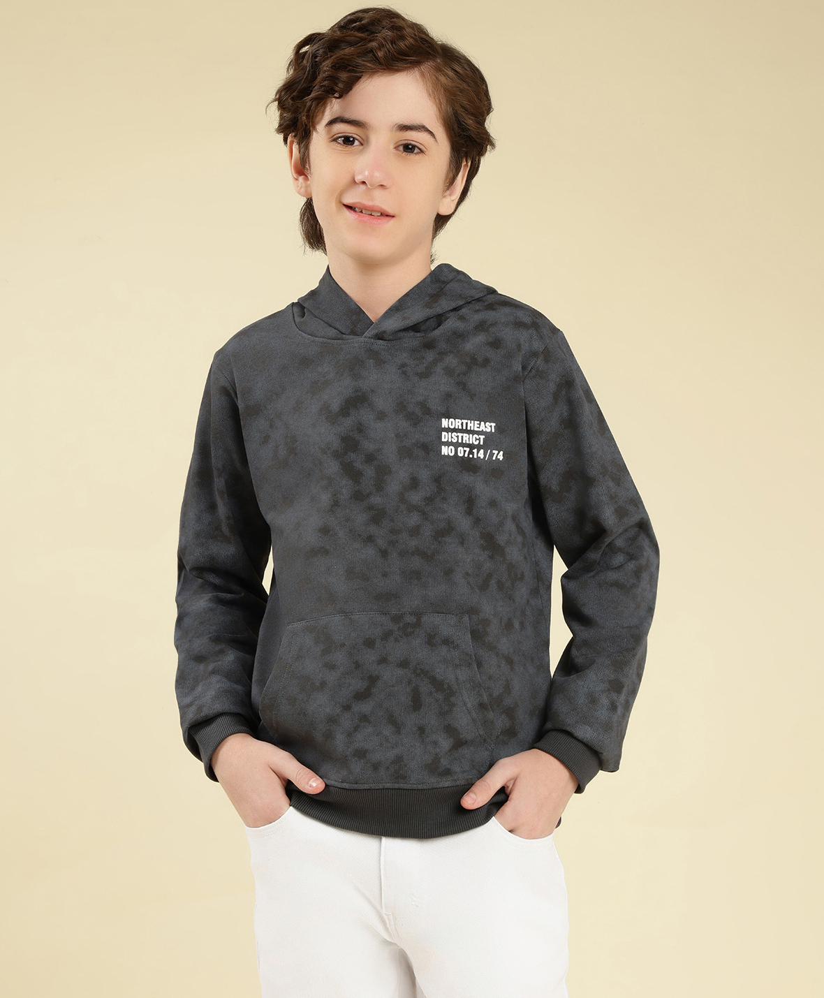 Lil Tomatoes Cotton Looper Knit Full Sleeves Typography Printed Light Winter Hooded Tie Dye Sweatshirt - Charcoal Grey-picture-38