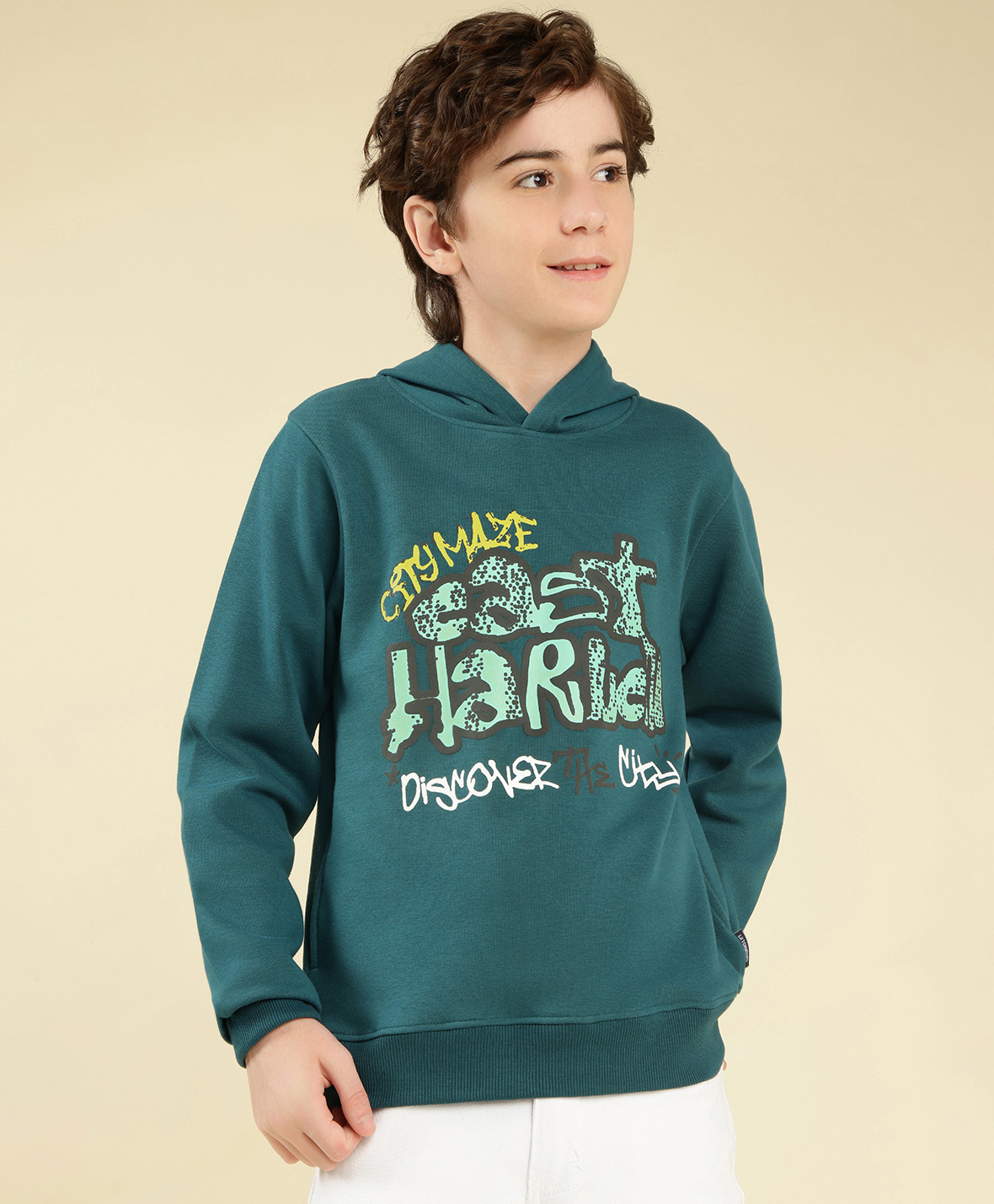 Lil Tomatoes Fleece Knit Full Sleeves Typography Printed Light Winter Hooded Sweatshirt - Teal Blue-image-22