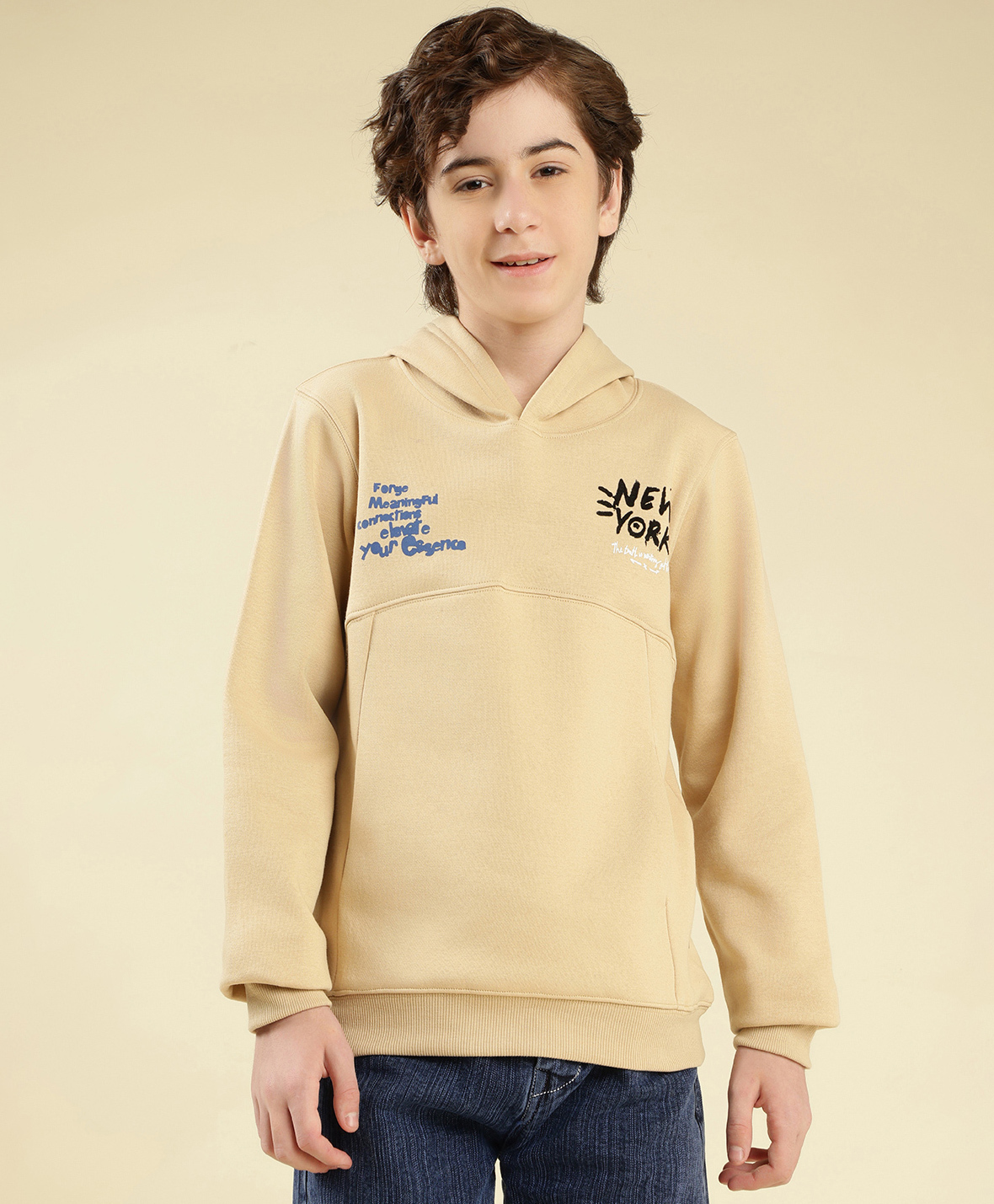 Lil Tomatoes Fleece Knit Full Sleeves New York Text Printed Hooded Winter Sweatshirt - Beige-image-45