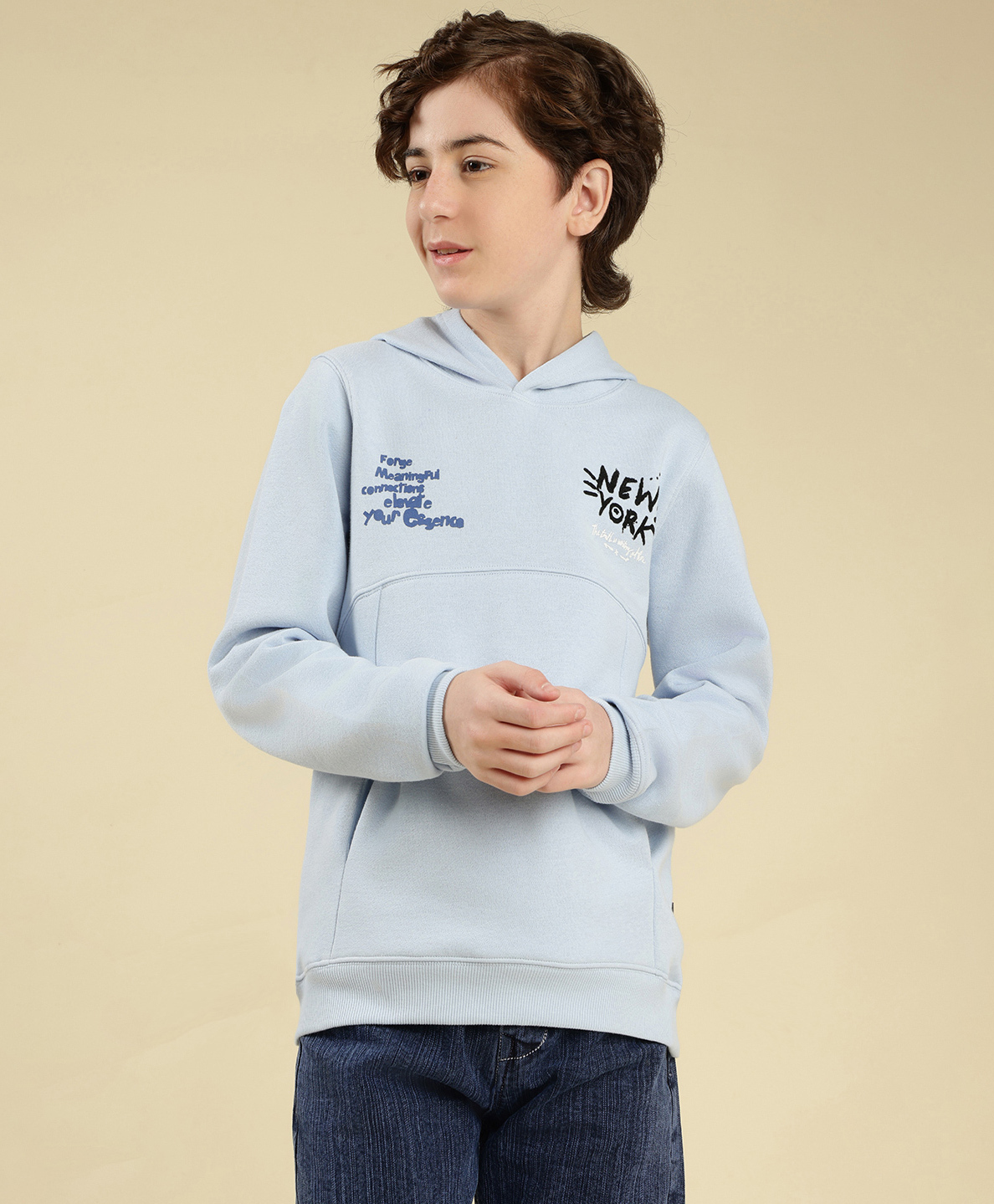 Lil Tomatoes Fleece Knit Full Sleeves New York Text Printed Hooded Winter Sweatshirt - Blue-image-33