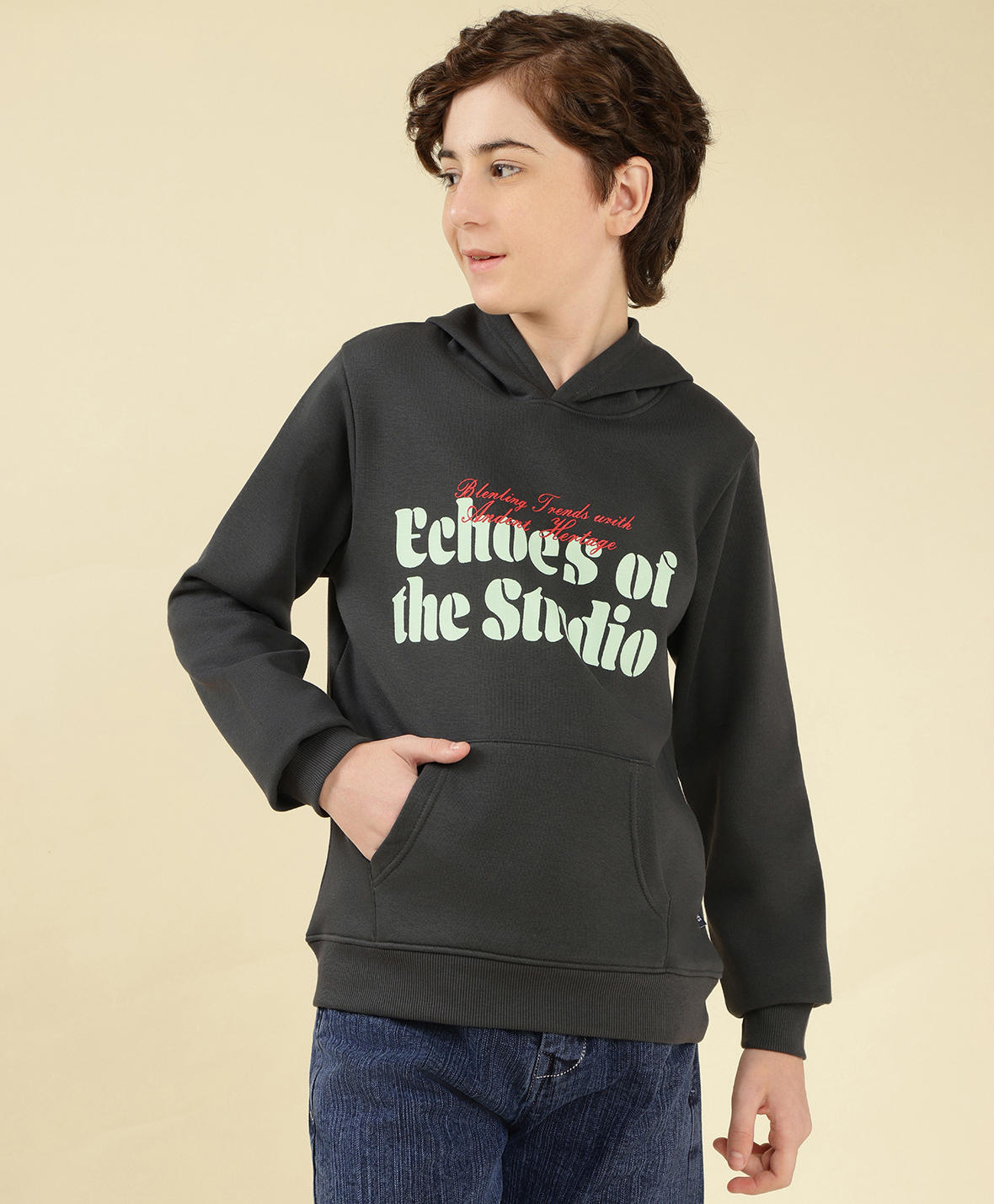 Lil Tomatoes Fleece Knit Full Sleeves Echoes Of The Studio Text Printed Hooded Winter Sweatshirt - Charcoal-picture-26