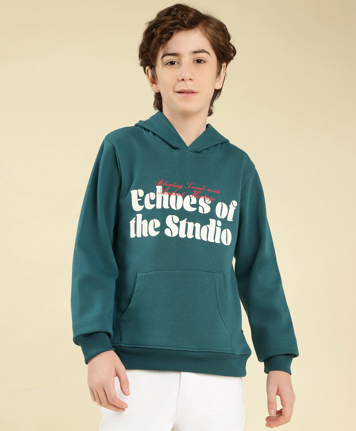 Lil Tomatoes Fleece Knit Full Sleeves Echoes Of The Studio Text Printed Hooded Winter Sweatshirt - Teal-image-17