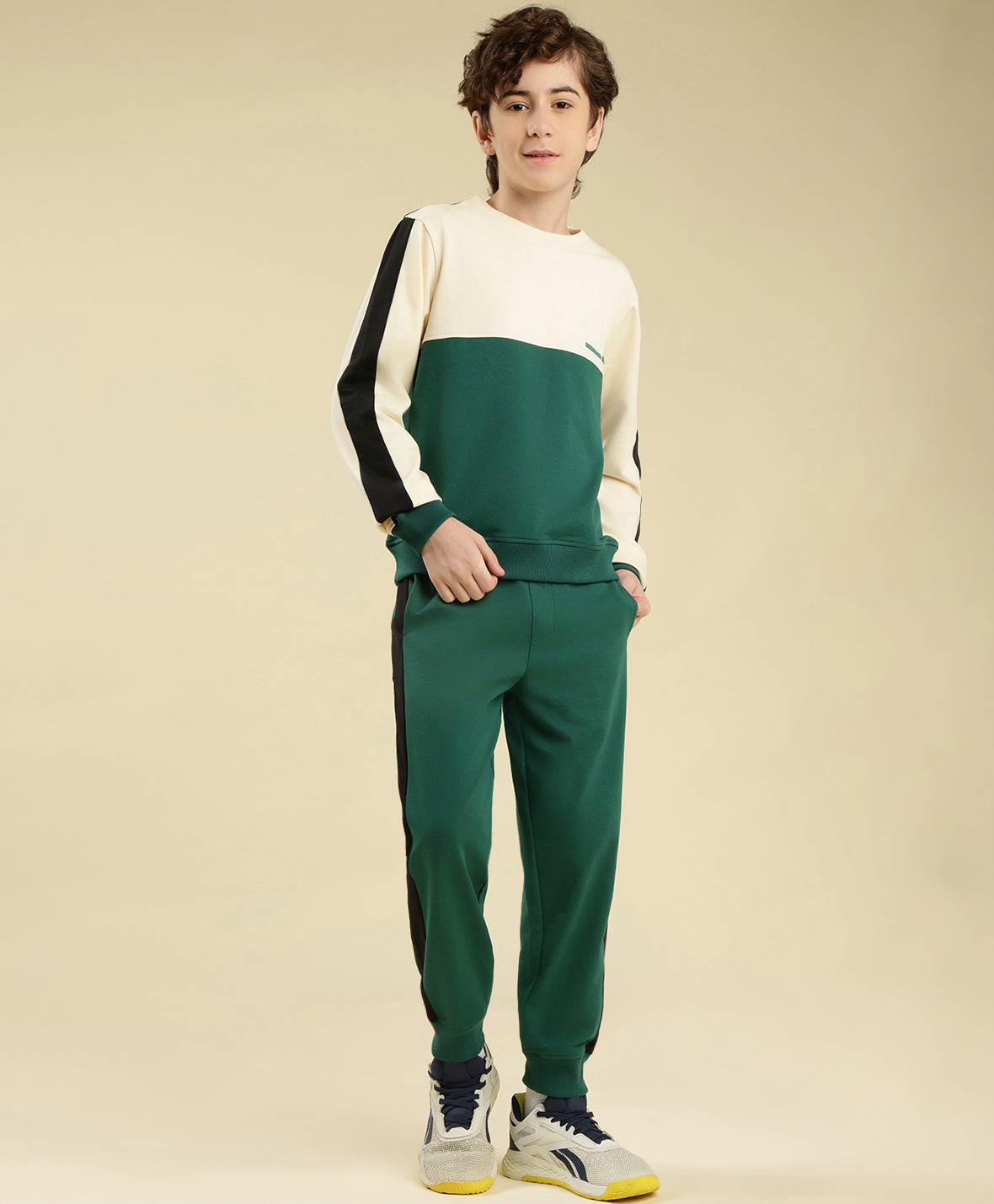 Lil Tomatoes Cotton Looper Knit Full Sleeves Colour Blocked Light Winter Sweatshirt & Side Taped Joggers Set - Bottle Green-picture-18