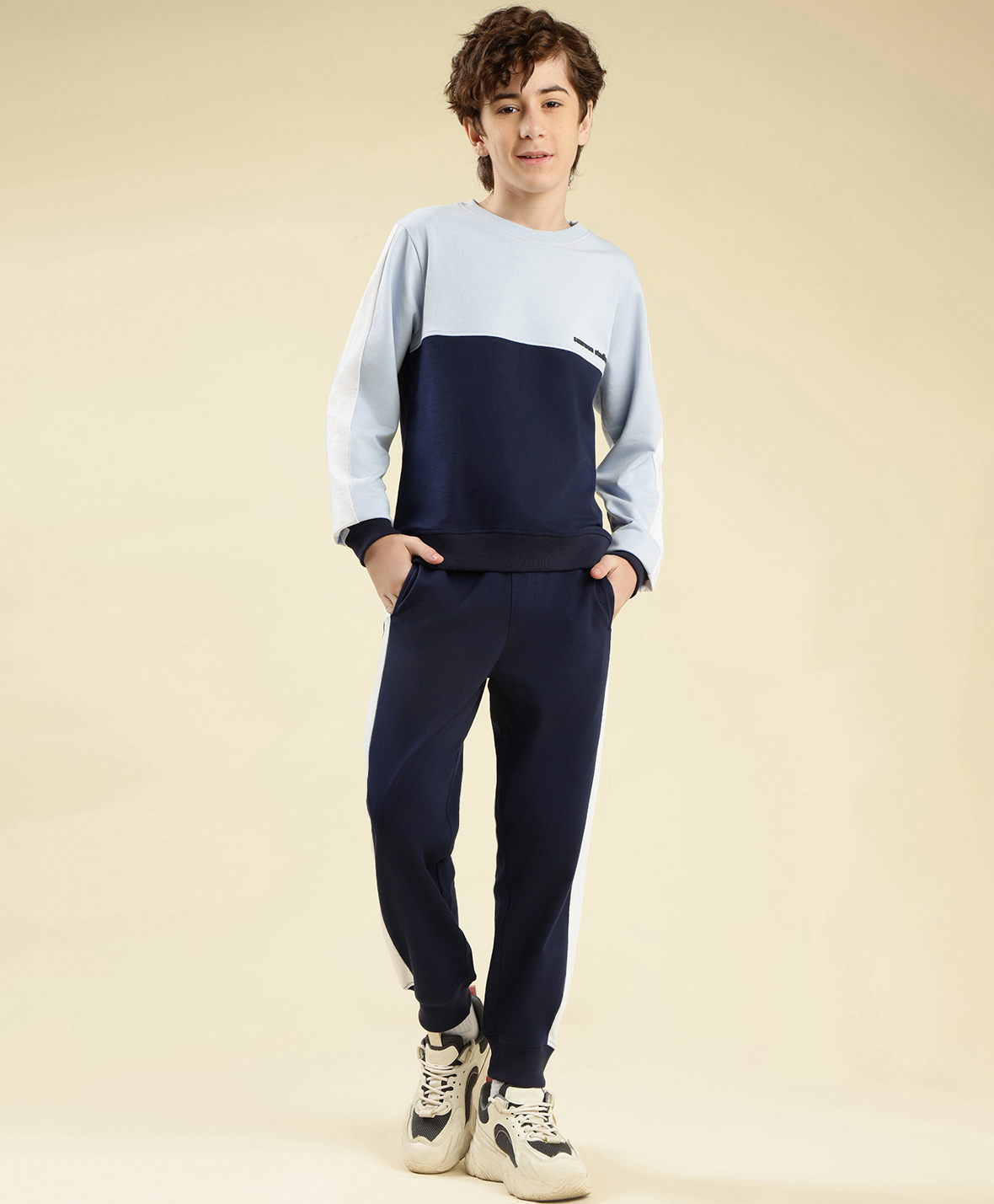Lil Tomatoes Cotton Looper Knit Full Sleeves Colour Blocked Light Winter Sweatshirt & Side Taped Joggers Set - Navy Blue-picture-38