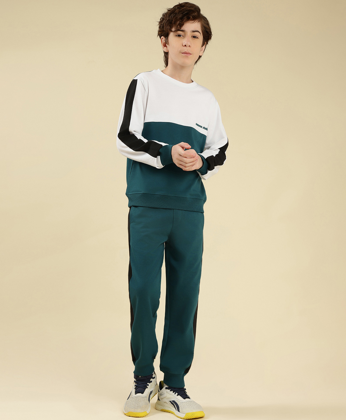 Lil Tomatoes Cotton Looper Lil Tomatoes Cotton Looper Knit Full Sleeves Colour Blocked Light Winter Sweatshirt & Side Taped Joggers Set - Teal Blue-picture-11