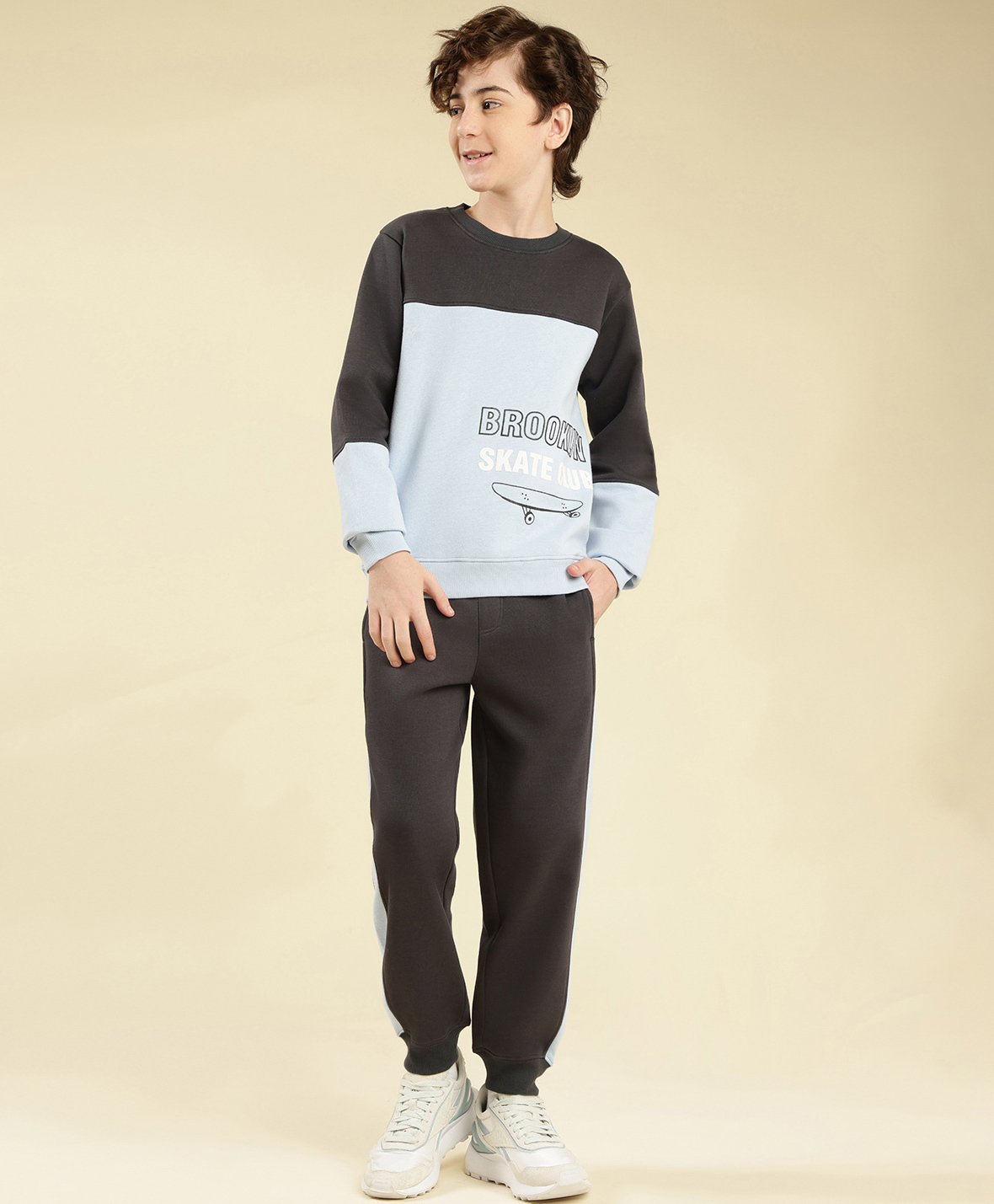 Lil Tomatoes Fleece Knit Full Sleeves Colour Blocked Light Winter Sweatshirt With Joggers Set - Charcoal Grey-image-39