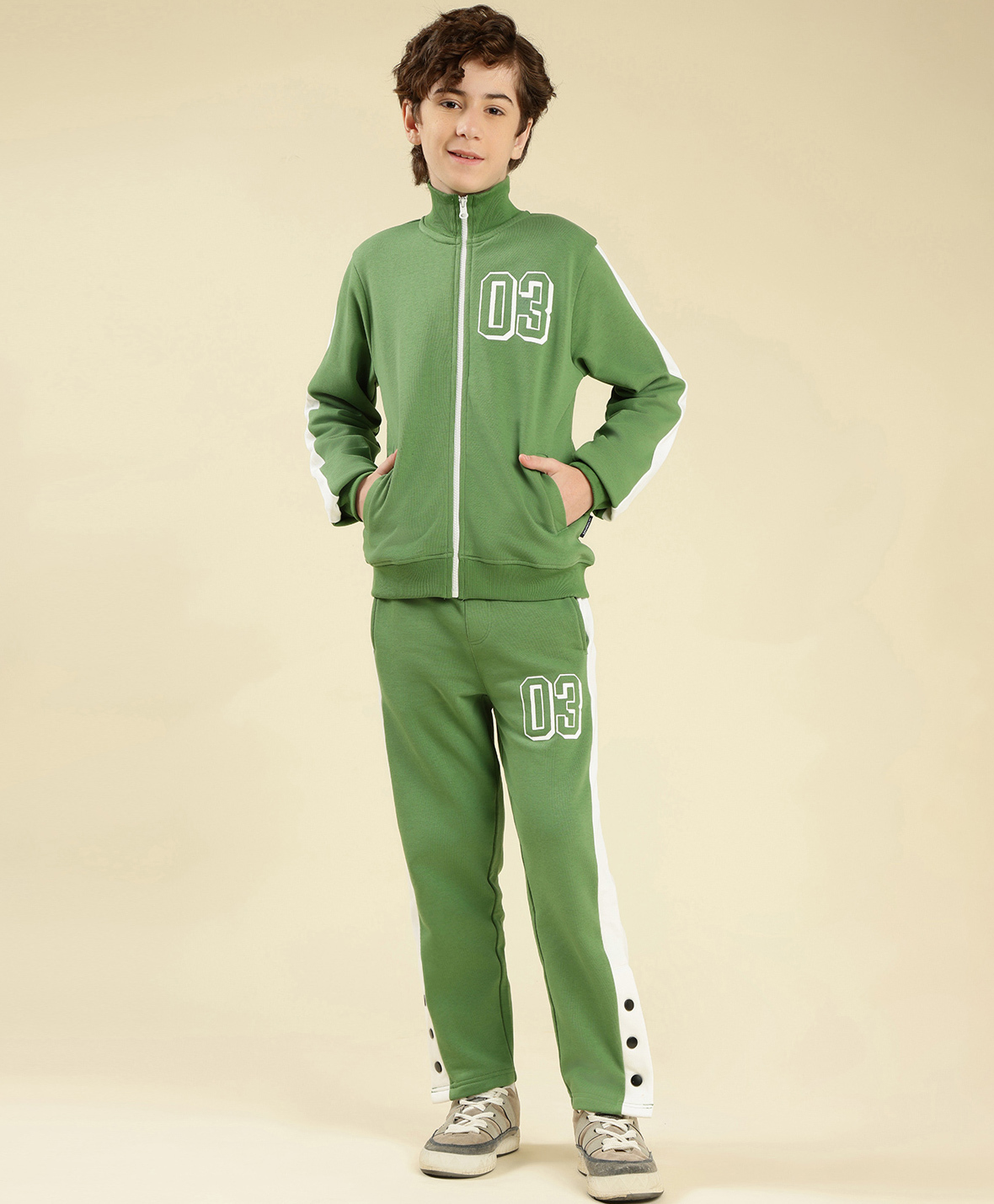 Lil Tomatoes Fleece Knit Full Sleeves 03 Number Printed Light Winter Sweatshirt & Joggers Set - Olive Green-picture-19