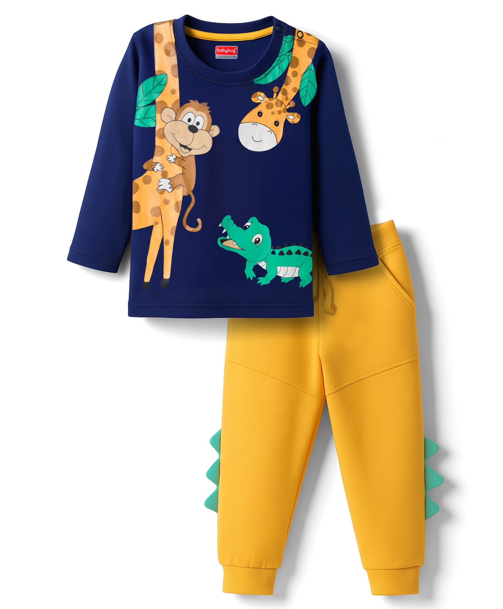 Babyhug Single Jersey Knit Full Sleeves T-Shirt & Lounge Pant Set with Animal Graphic - Yellow & Navy Blue-picture-15
