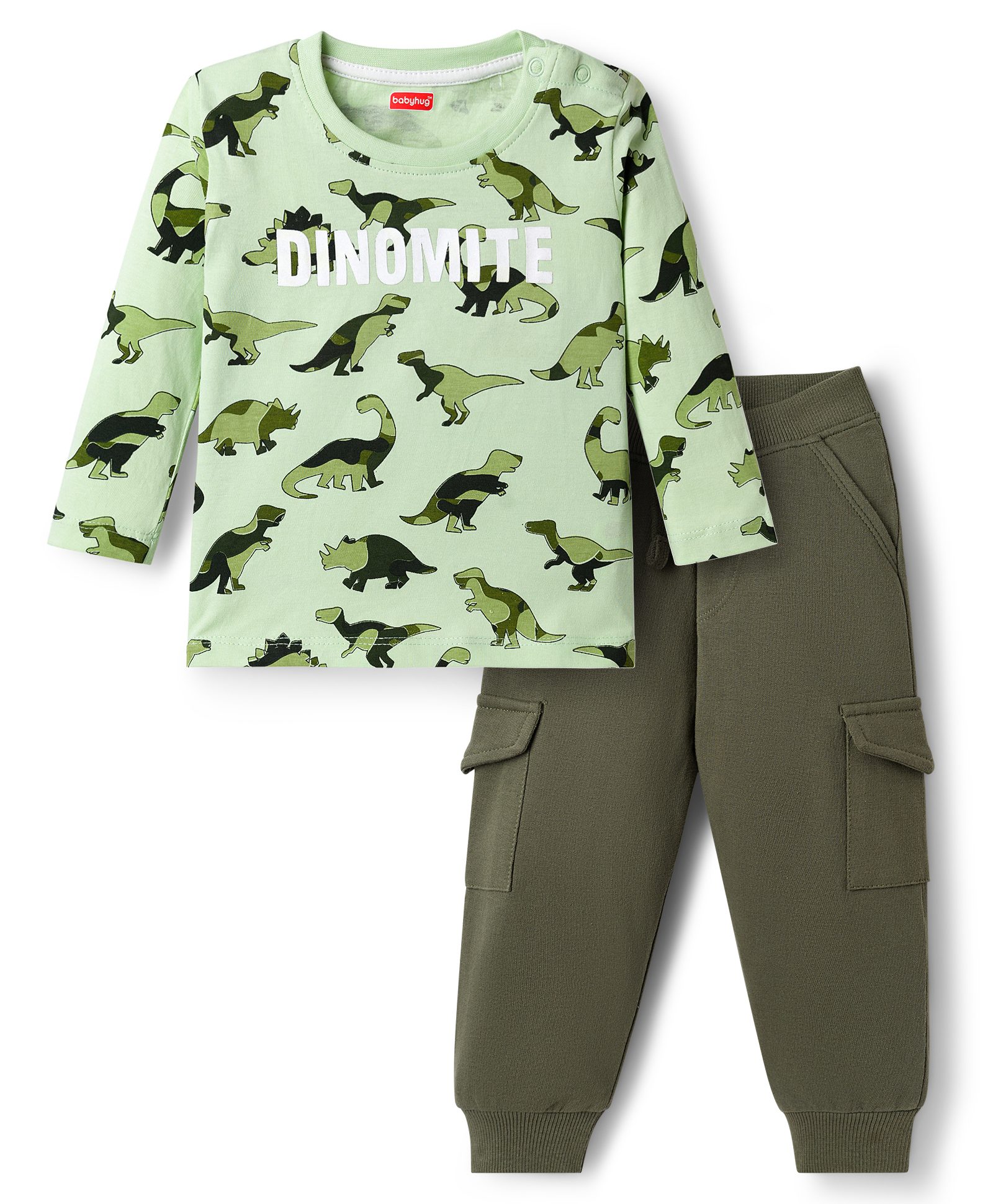 Babyhug Terry Knit Full Sleeves Dino Printed T-Shirt & Lounge Pant Set - Green-image-16