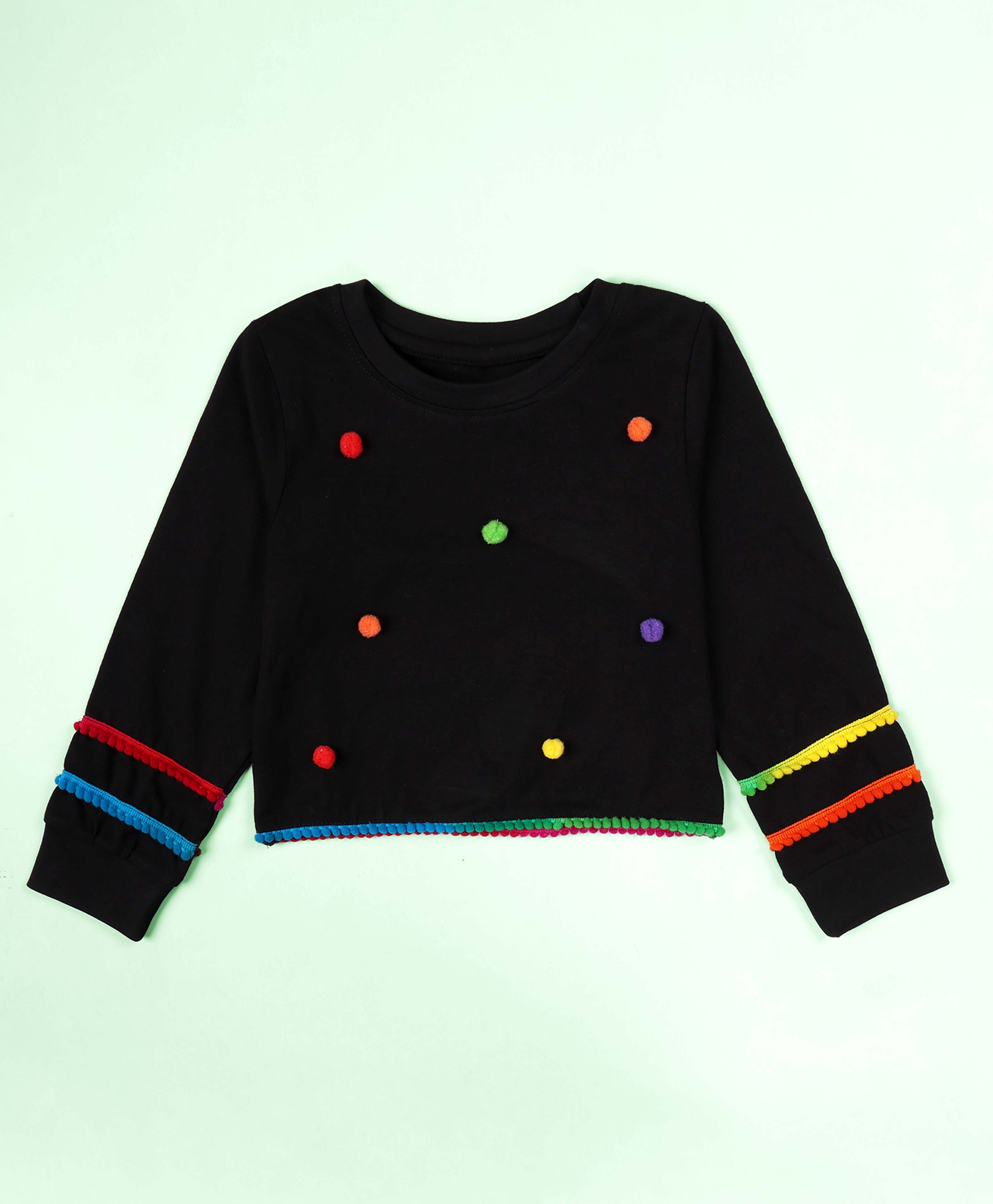 Kiddopanti Cotton Knit Full Sleeves Pom Pom Applique Detailed Tee - Black-picture-23