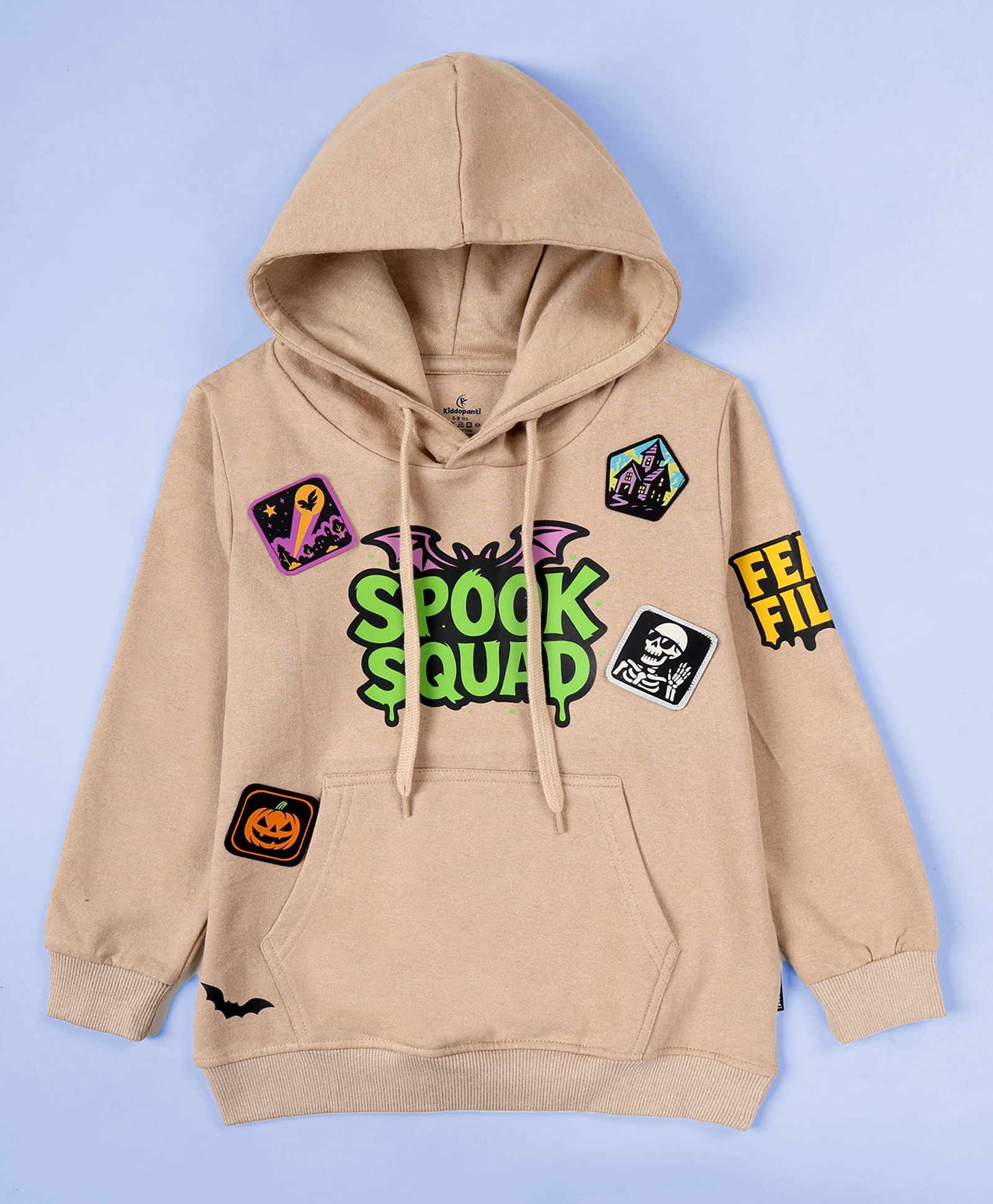 Kiddopanti Halloween Theme Fleece Knit Full Sleeves Spook Squad Text Printed Patch Detailed Light Winter Hooded Sweatshirt - Beige-image-35