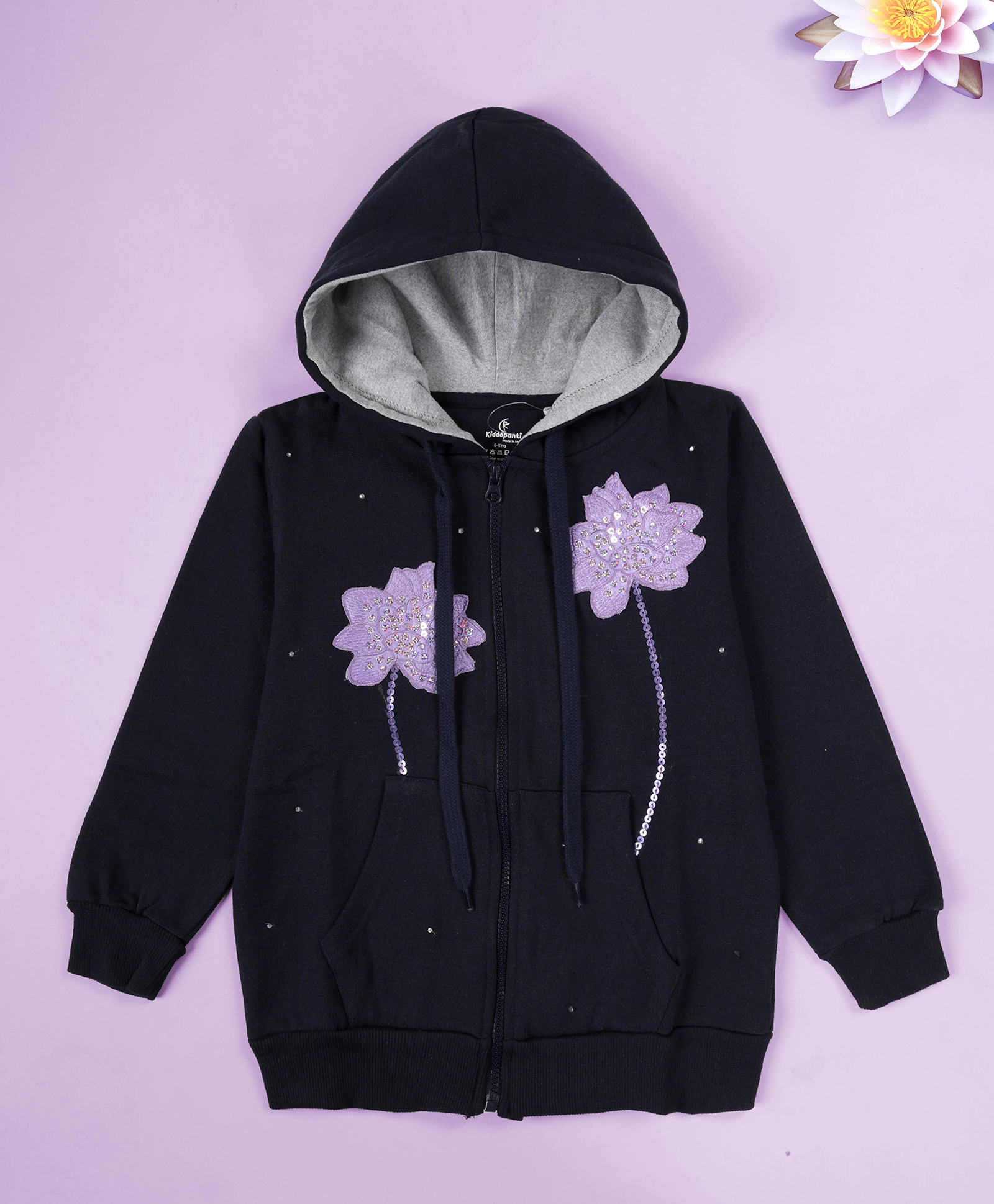 Kiddopanti Fleece Knit Full Sleeves Floral Embroidered Sequins Embellished Light Winter Hooded Sweatshirt - Navy Blue-image-34
