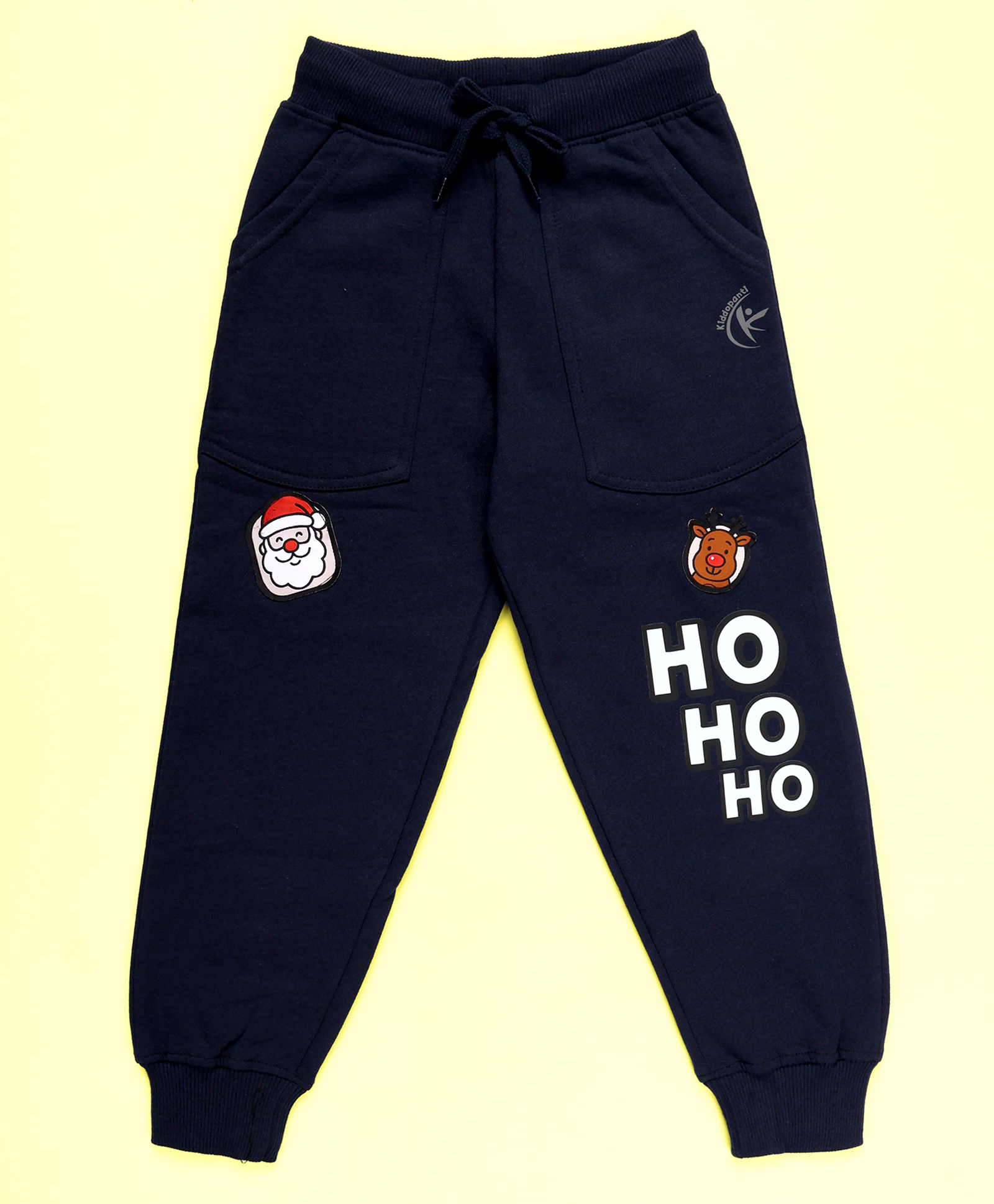 Kiddopanti Christmas Theme Fleece Knit Ho Ho Ho Text Printed Santa & Reindeer Patch Detailed Light Winter Joggers - Navy Blue-picture-19