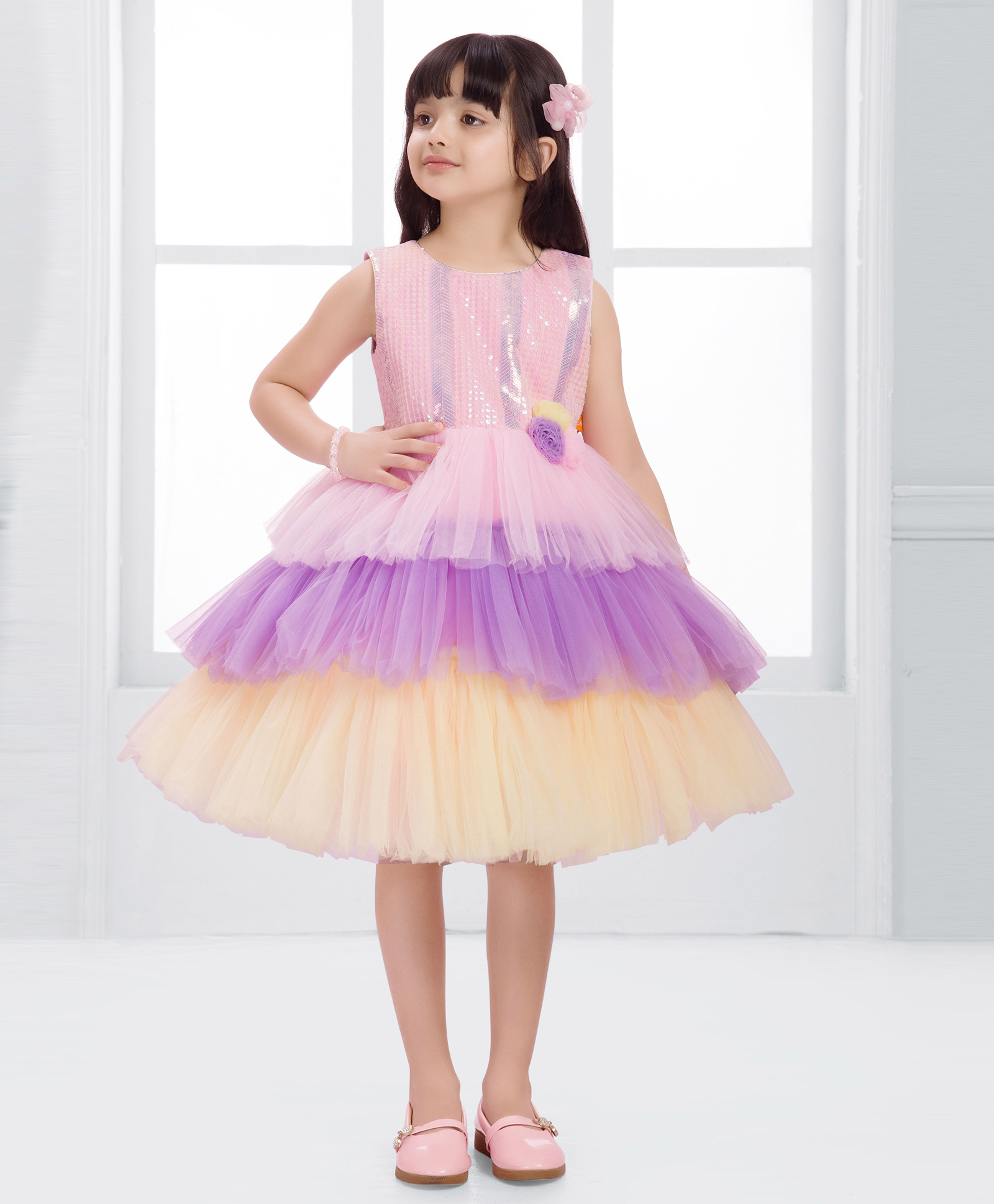 Ministitch Woven Sleeveless Sequin Embellished Layered Dress - Baby Pink-image-27