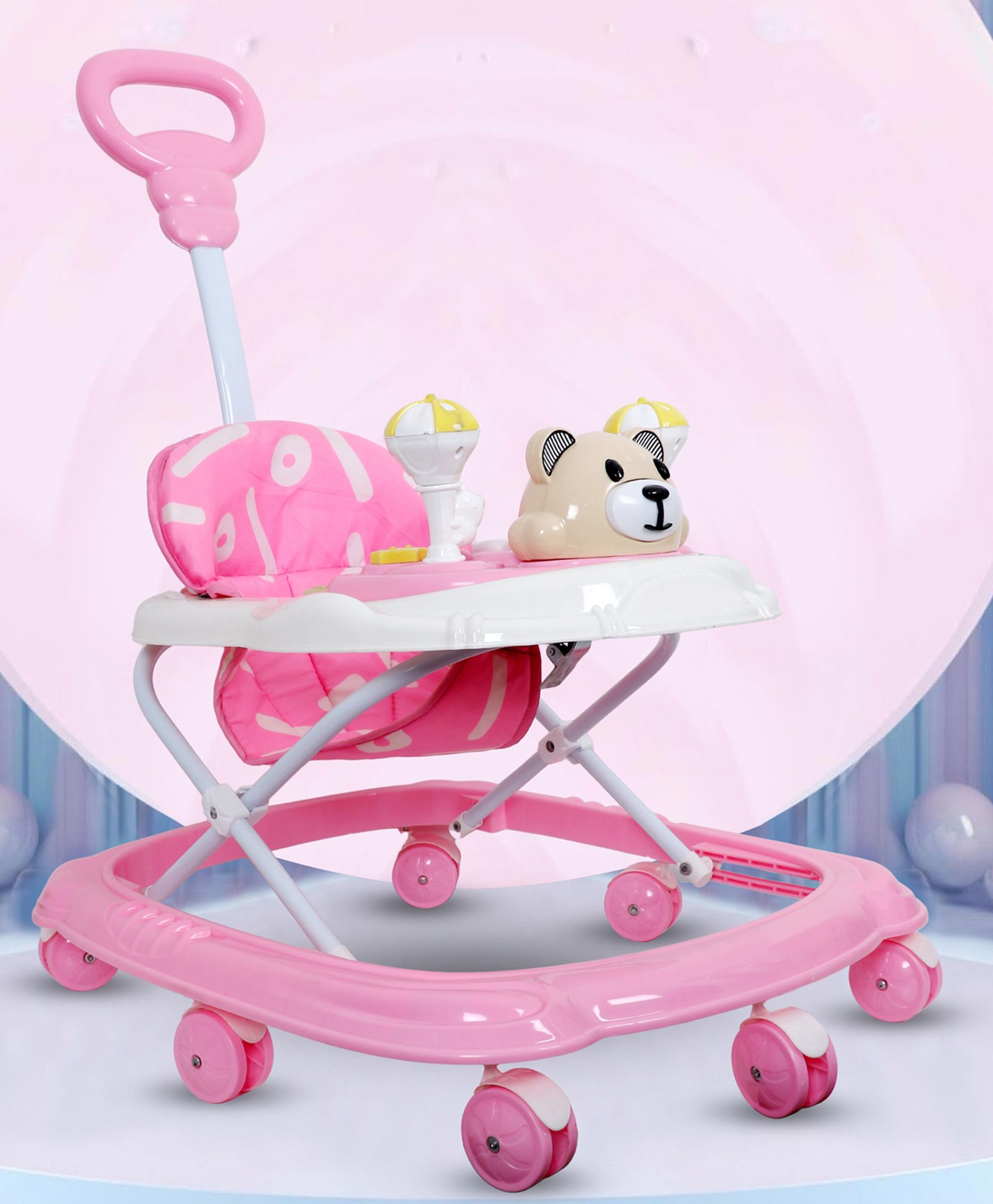 BISHMEVA Presents Baby Walkers for 6-18 Months | 3 Level Height Adjustment Walker with Switchable Food & Musical Toy Tray/Advanced Baby Activity Walker for Kids - Baby Pink-image-28