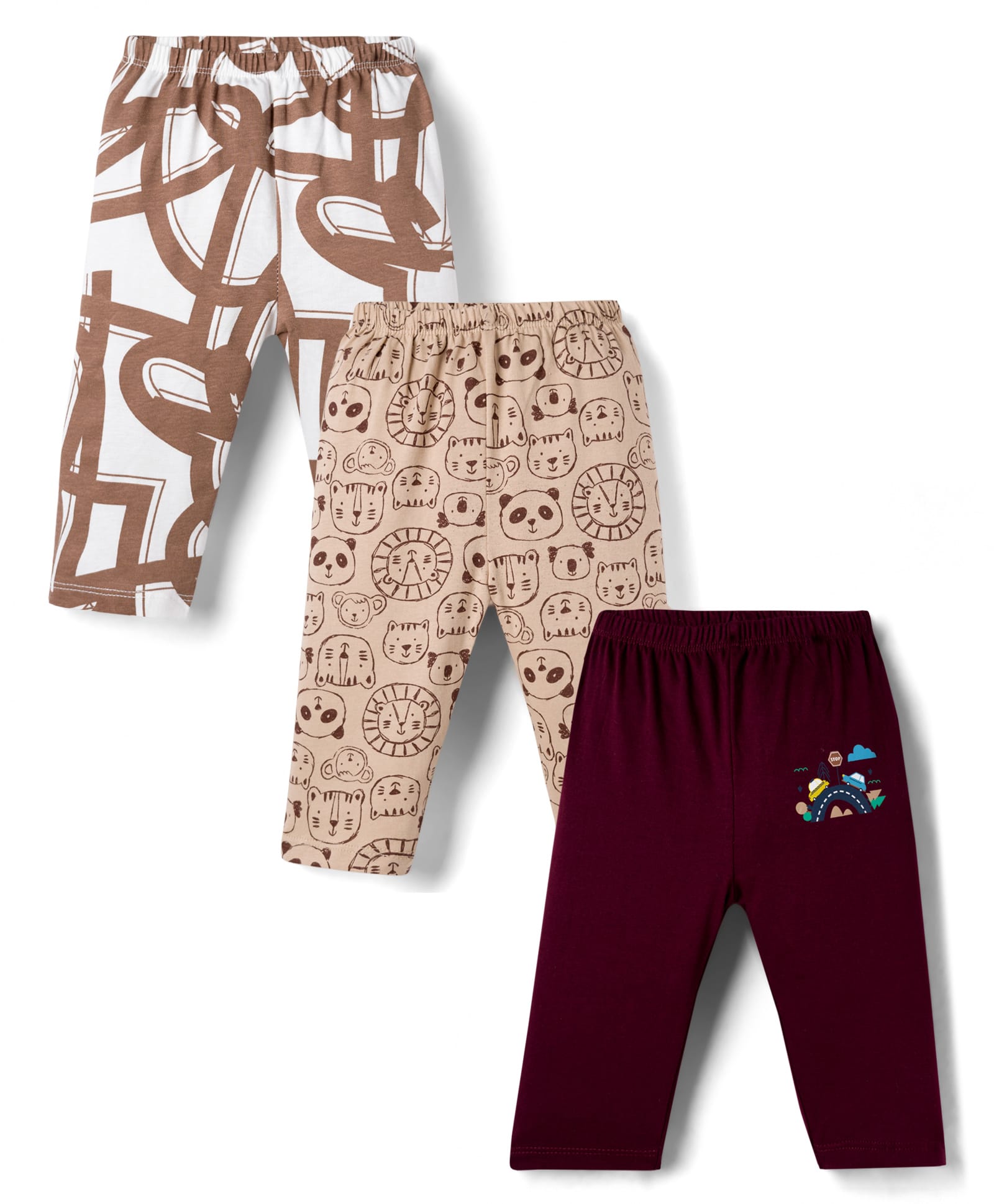 OHMS Single Jersey Knit Full Length Lounge Pants with Animal Print Pack of 3 - Wine White & Peach-image-34