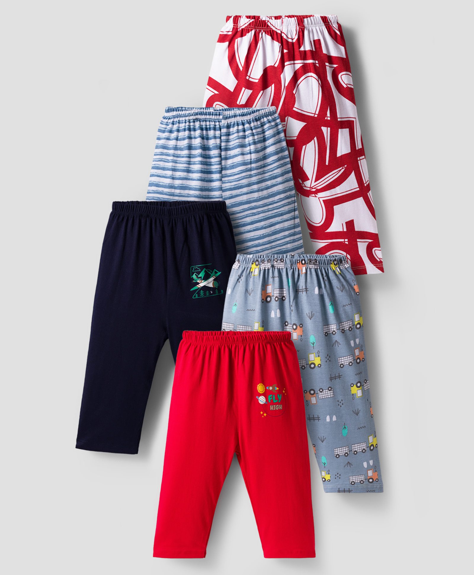 OHMS Single Jersey Knit Full Length Lounge Pant With Vehicle Print Pack Of 5 - Multicolour