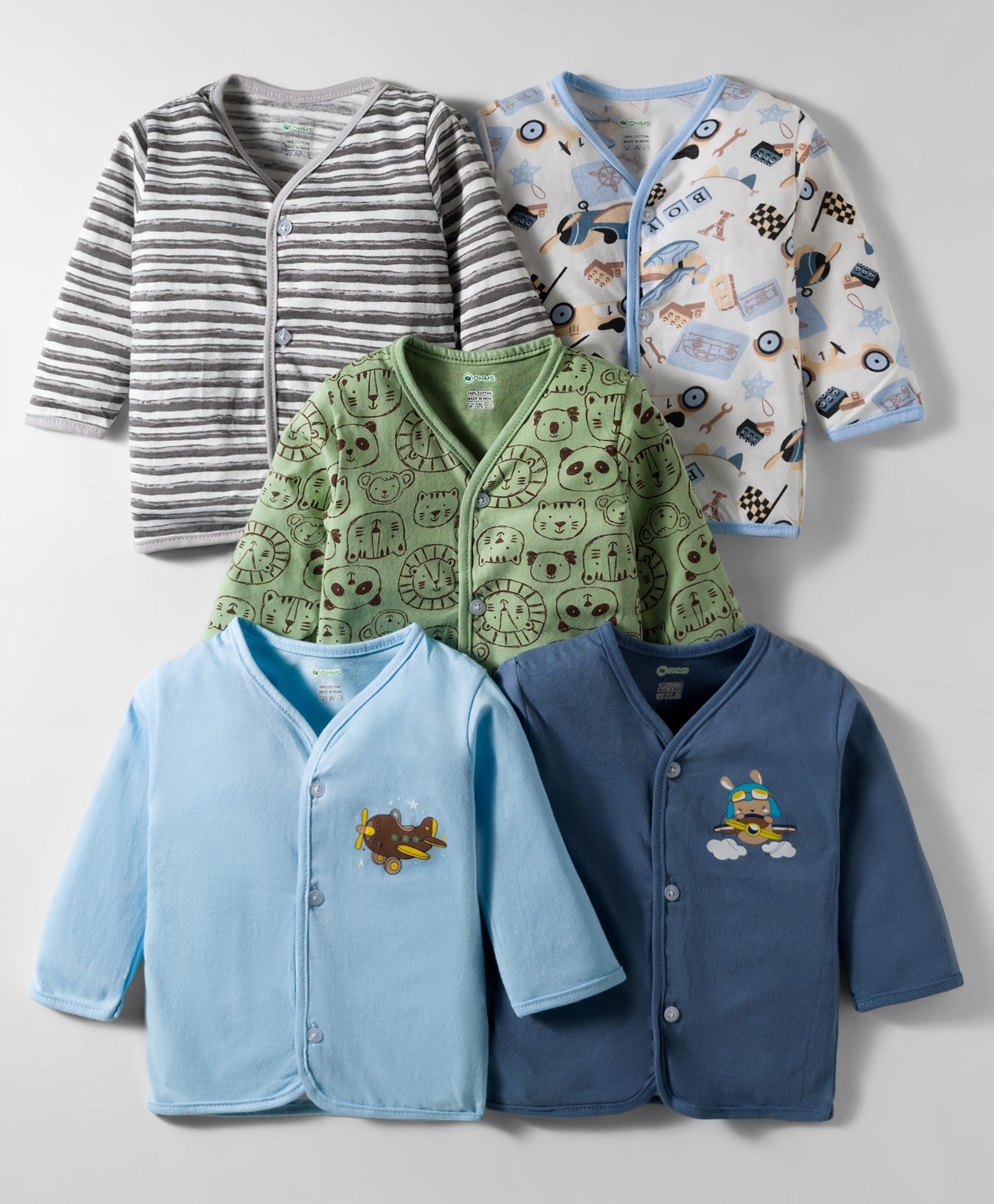 OHMS Single Jersey Knit Full Sleeves Striped Jhablas with Animal Print Pack of 5 - Multicolor-picture-15