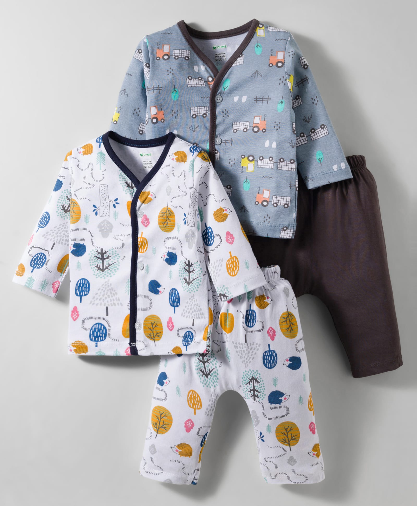 OHMS Single Jersey Knit Full Sleeves Front Open Co-ord Night Suits With Tree & Tractor Print Pack of 2 - Multicolor-image-4
