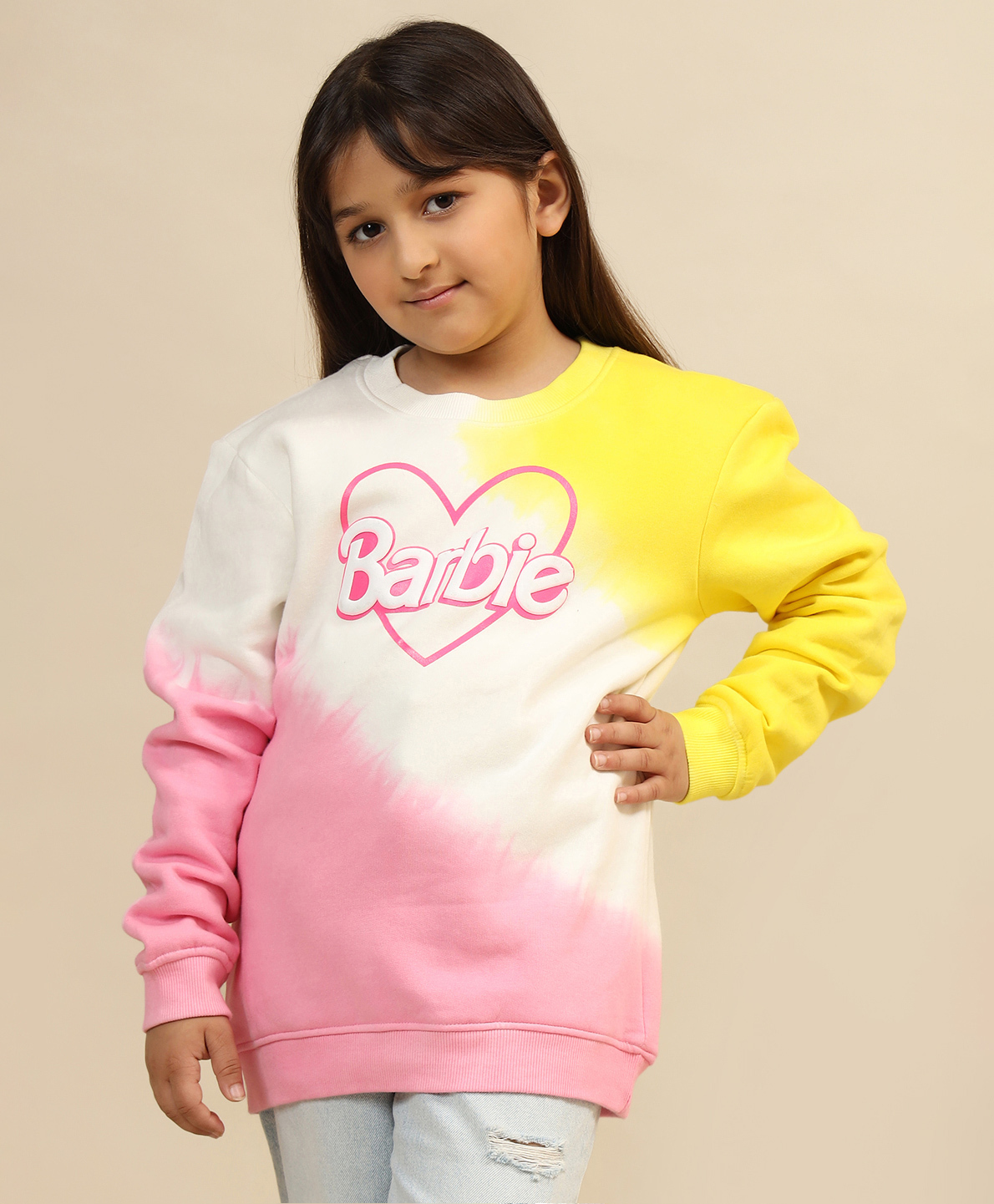 Kidsville Knit Mattel Featuring Full Sleeves Barbie Text Printed Light Winter Sweatshirt - Pink White & Yellow-picture-13
