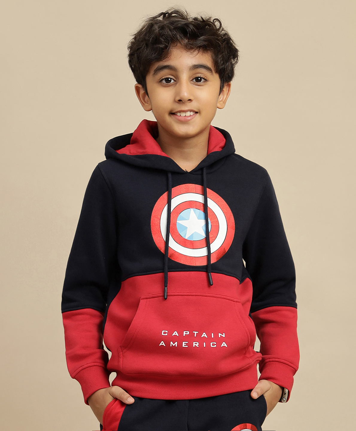 Kidsville Knit Marvel Featuring Full Sleeves Captain America Printed Light Winter Hoodie - Red & Navy Blue-picture-16
