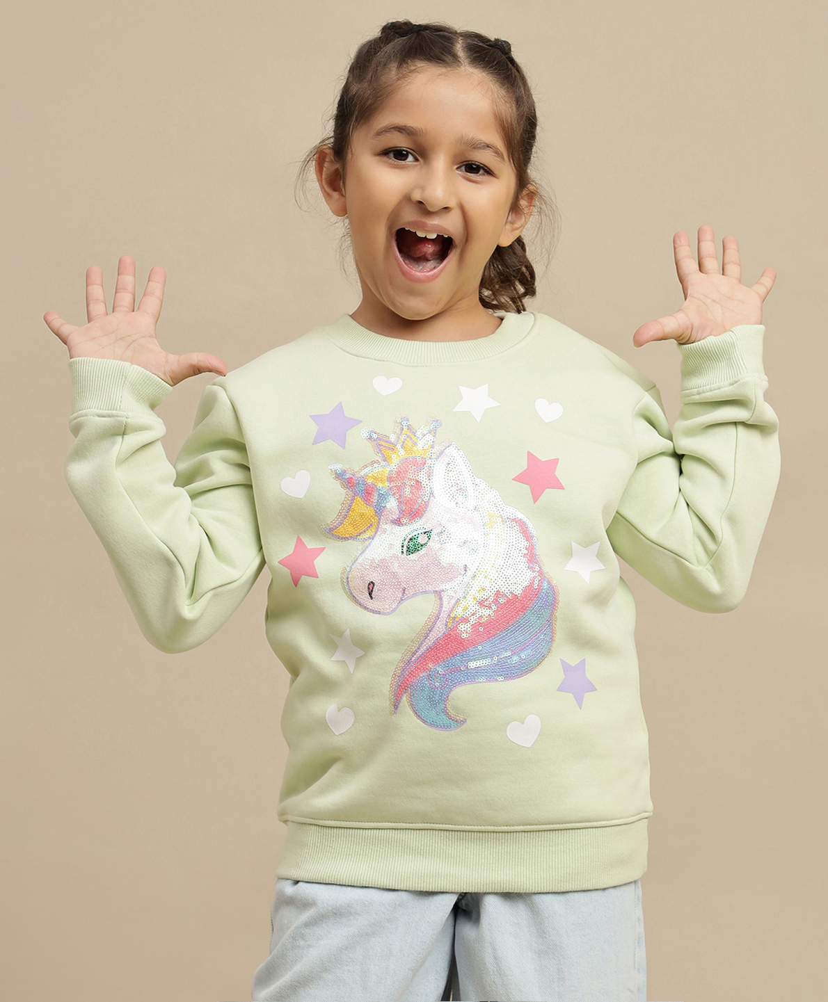 Kidsville Knit Full Sleeves Unicorn Sequin Embellished Light Winter Sweatshirt - Green-picture-18