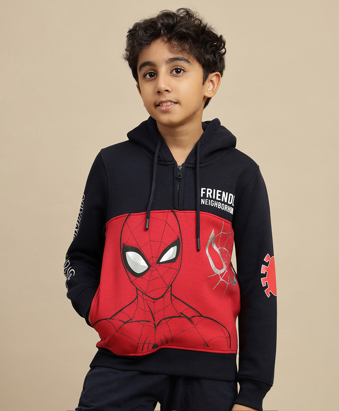 Kidsville Knit Marvel Featuring Full Sleeves Spiderman Printed Light Winter Hoodie - Red & Navy Blue-picture-14