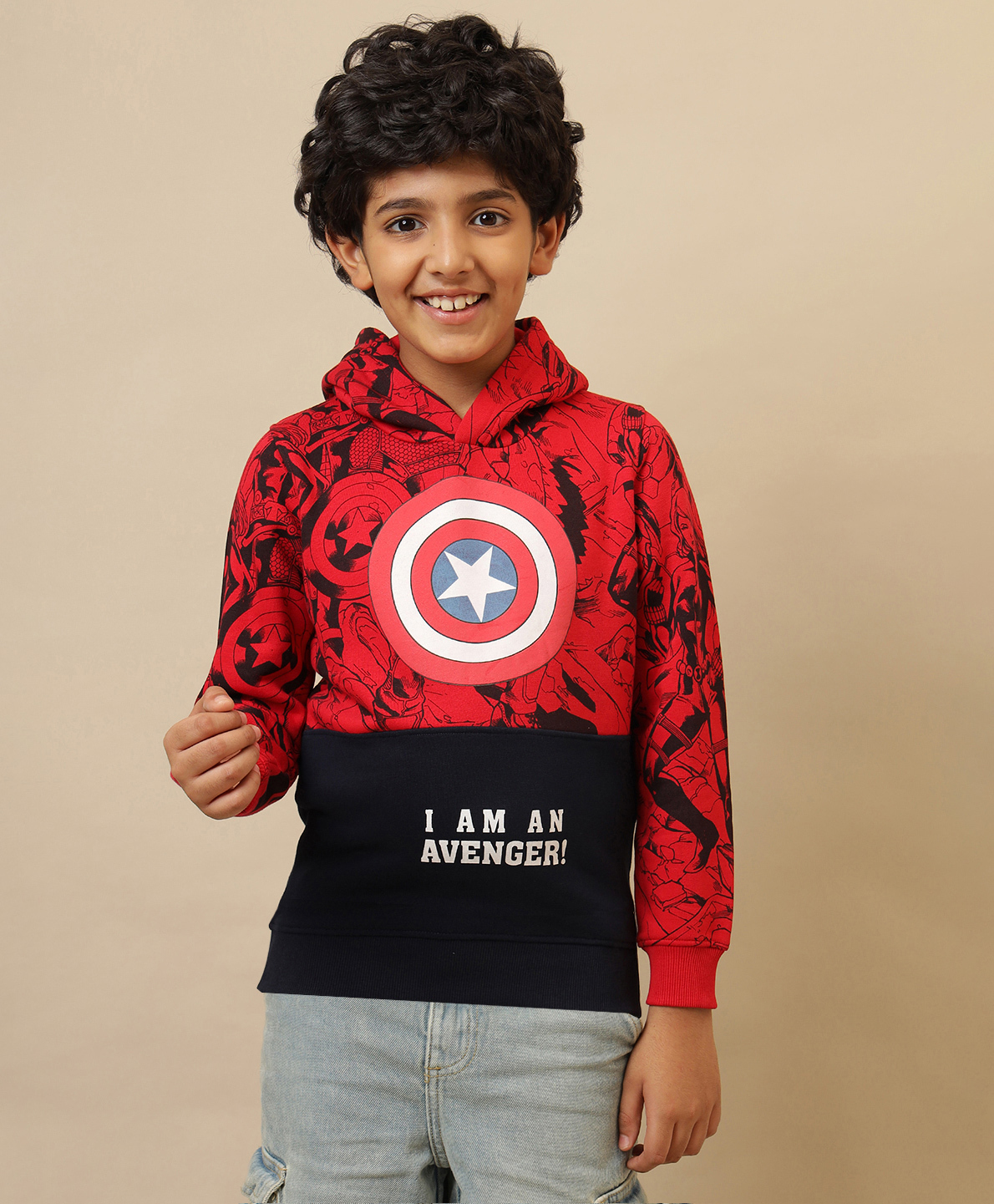 Kidsville Knit Full Sleeves Marvel Avengers Featuring Captain America Printed Light Winter Hoodie - Red & Blue-picture-18
