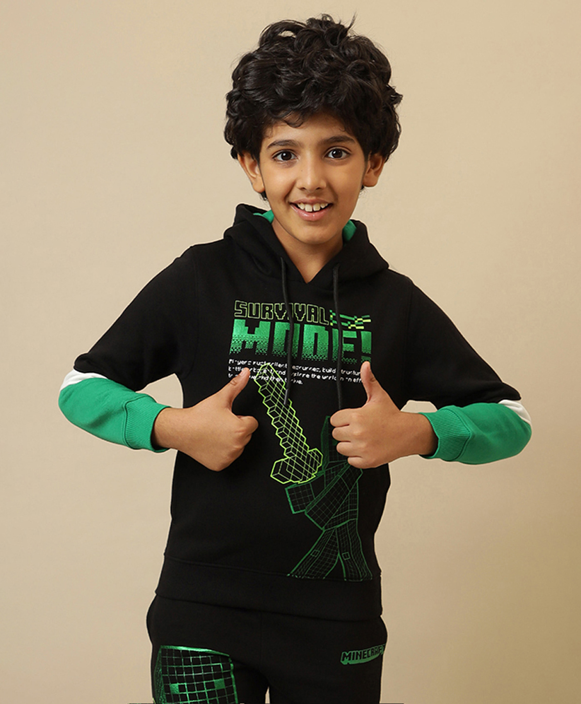 Kidsville Knit Full Sleeves Colour Blocked Minecraft Featuring Character Printed Light Winter Hoodie - Black-picture-18