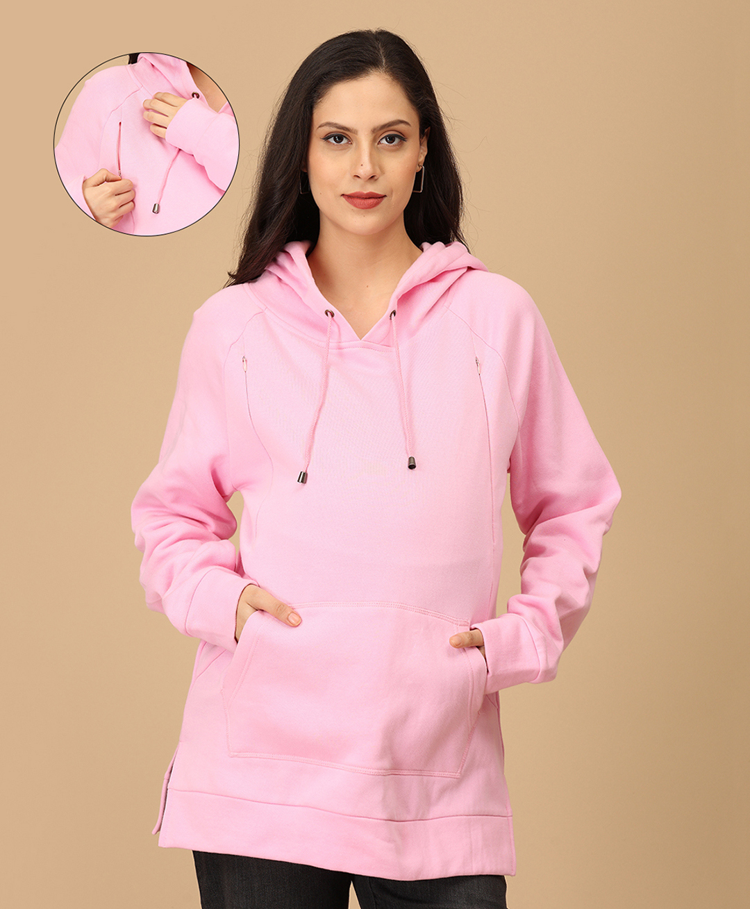 The Mom Store Cotton Knit Full Sleeves Solid Maternity Hooded Sweatshirt With Side Zipper Nursing Access - Pink-image-9