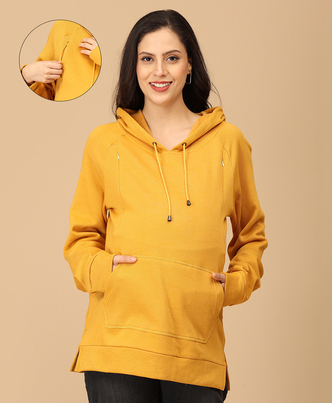 The Mom Store Cotton Knit Full Sleeves Solid Maternity Hooded Sweatshirt With Side Zipper Nursing Access - Yellow-image-43