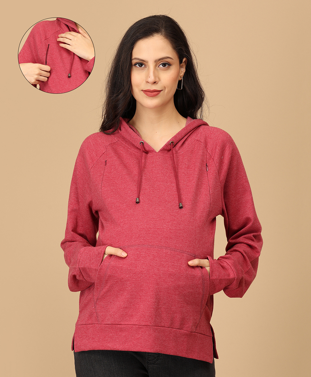 The Mom Store Cotton Knit Full Sleeves Solid Maternity Hooded Sweatshirt With Side Zipper Nursing Access - Crimson Red-image-1