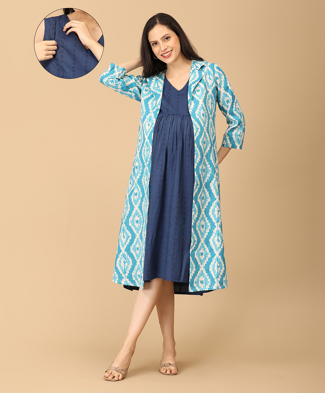 The Mom Store Cotton Woven Solid Maternity Dress With Side Zipper Nursing Access With Three Fourth Sleeves Shacket - Blue-image-40