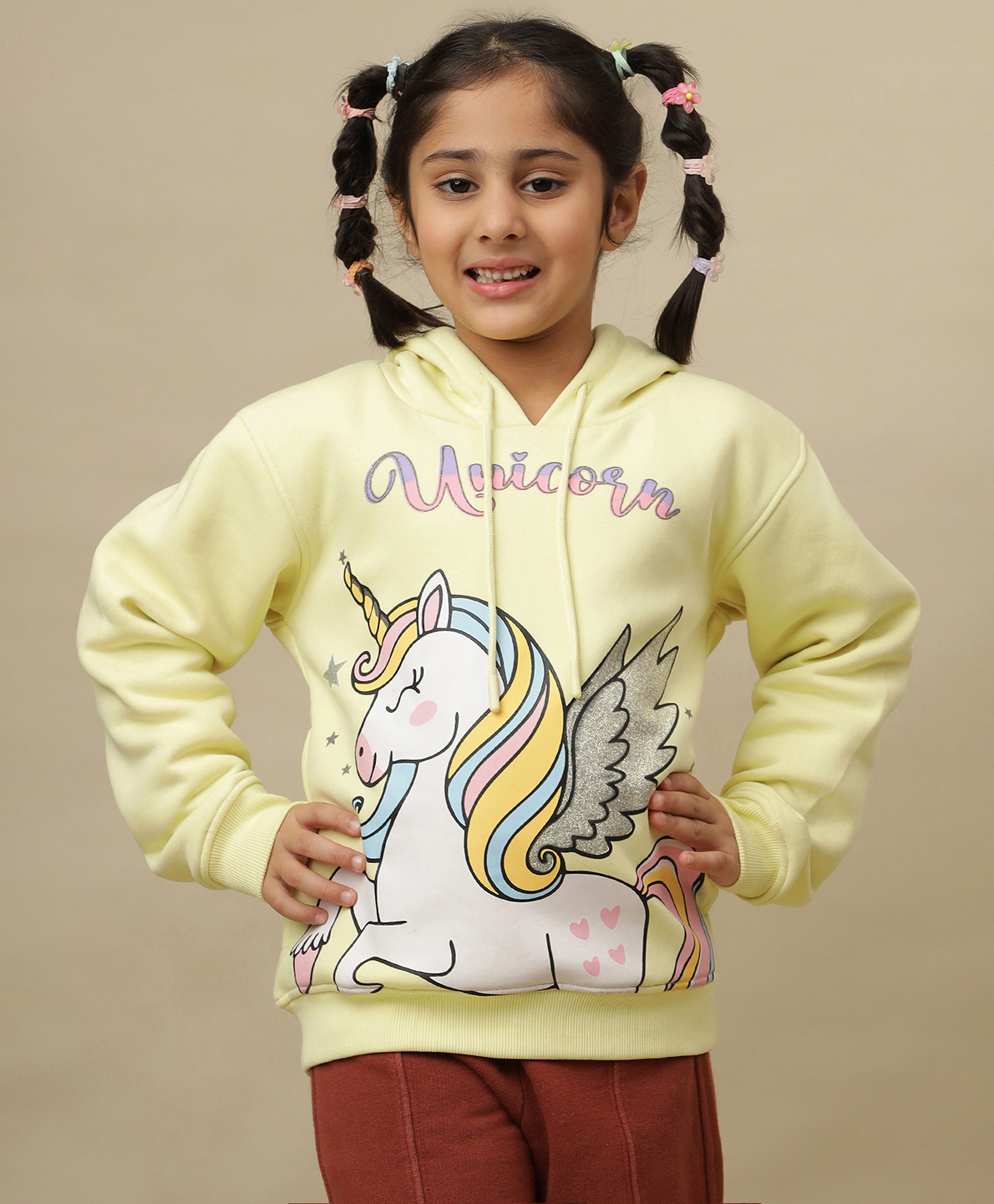 Kidsville Knit Full Sleeves Unicorn Printed Winter Hoodie - Yellow-picture-23