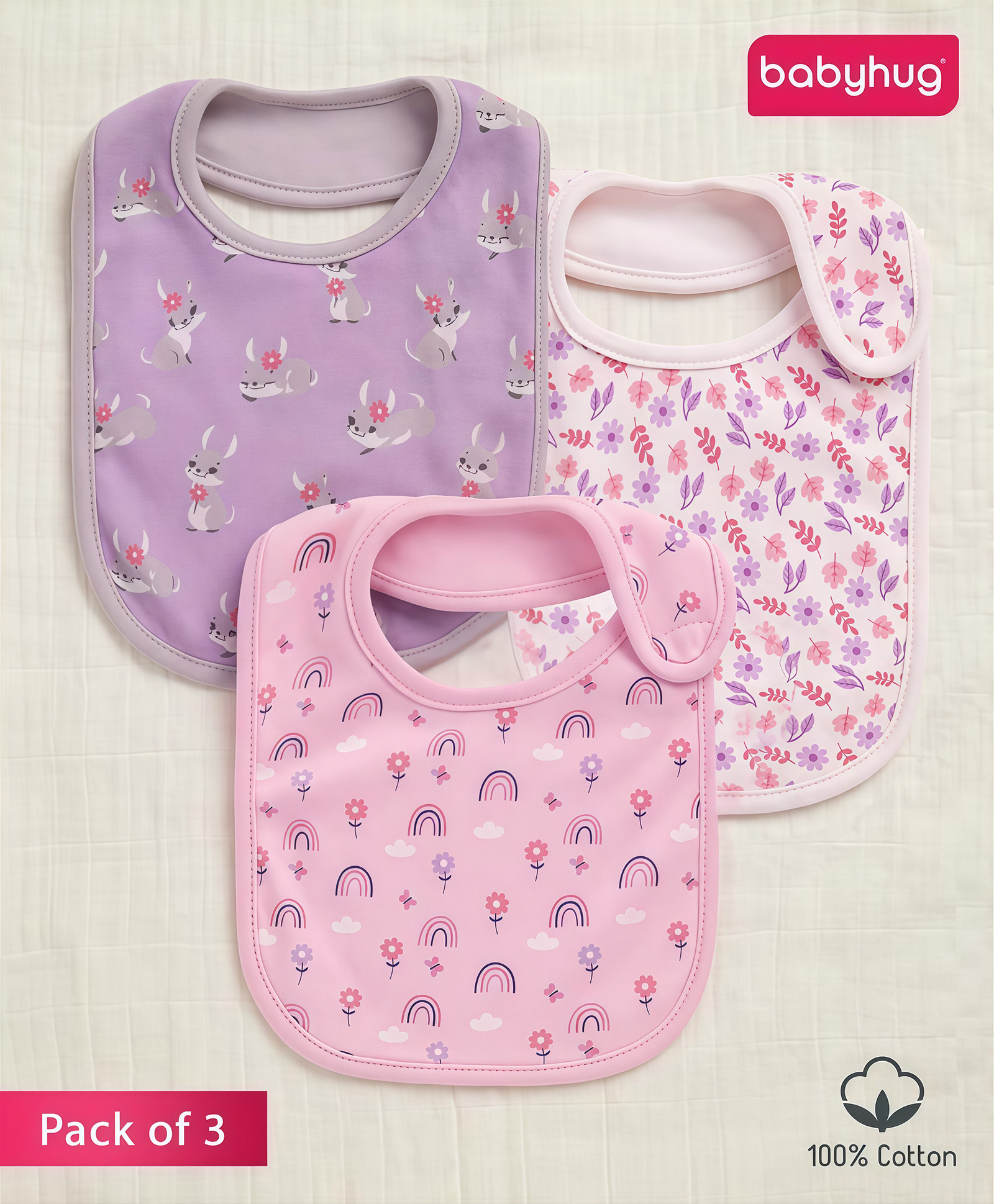 Babyhug 100% Interlock Cotton Velcro Closure Bibs Pack of 3 Rabbit, Rainbow & Floral Print Soft & Skin Friendly High Absorbent Material| Machine washable Newborn & Infant Feeding Essential.-image-20