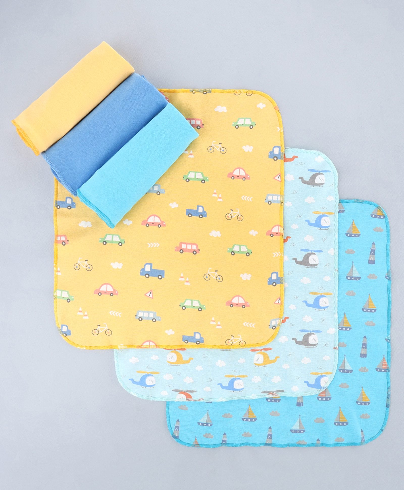 Babyhug 100% Interlock Cotton Single Layer Wash Cloth Helicopter, Boat and Car Print Pack of 6 - Multicolor| High Absorbency| Feeding & Diapering| Bath & Face Towel| Soft & Skin Friendly-image-2